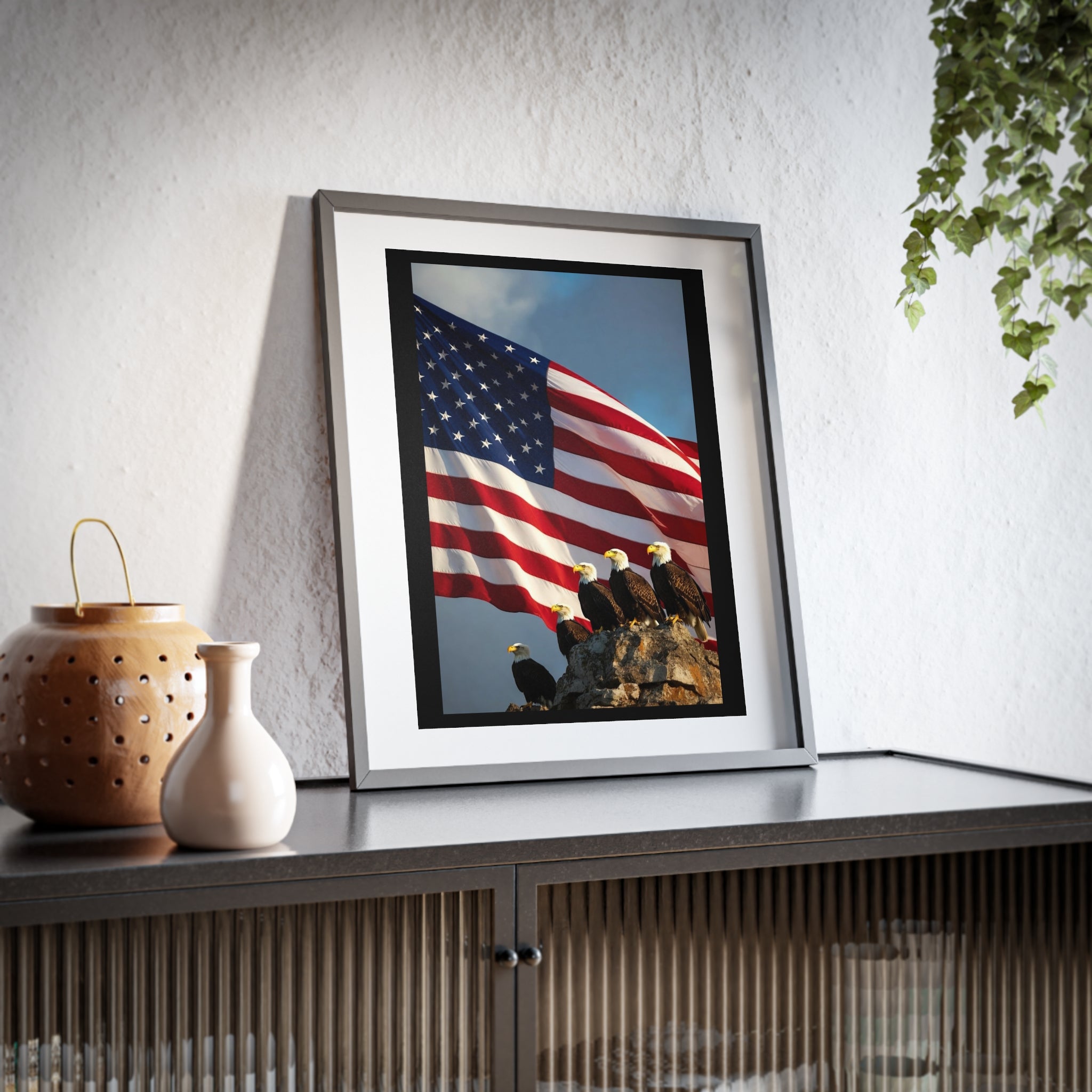 Framed Poster - Patriotic Bald Eagles & American Flag Wall Art (Matte)