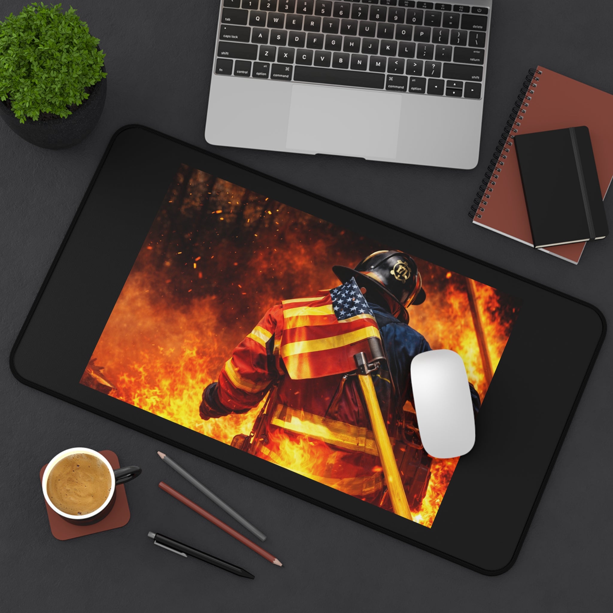 Firefighter Desk Mat — American Flag Hero Fireman Mouse Pad
