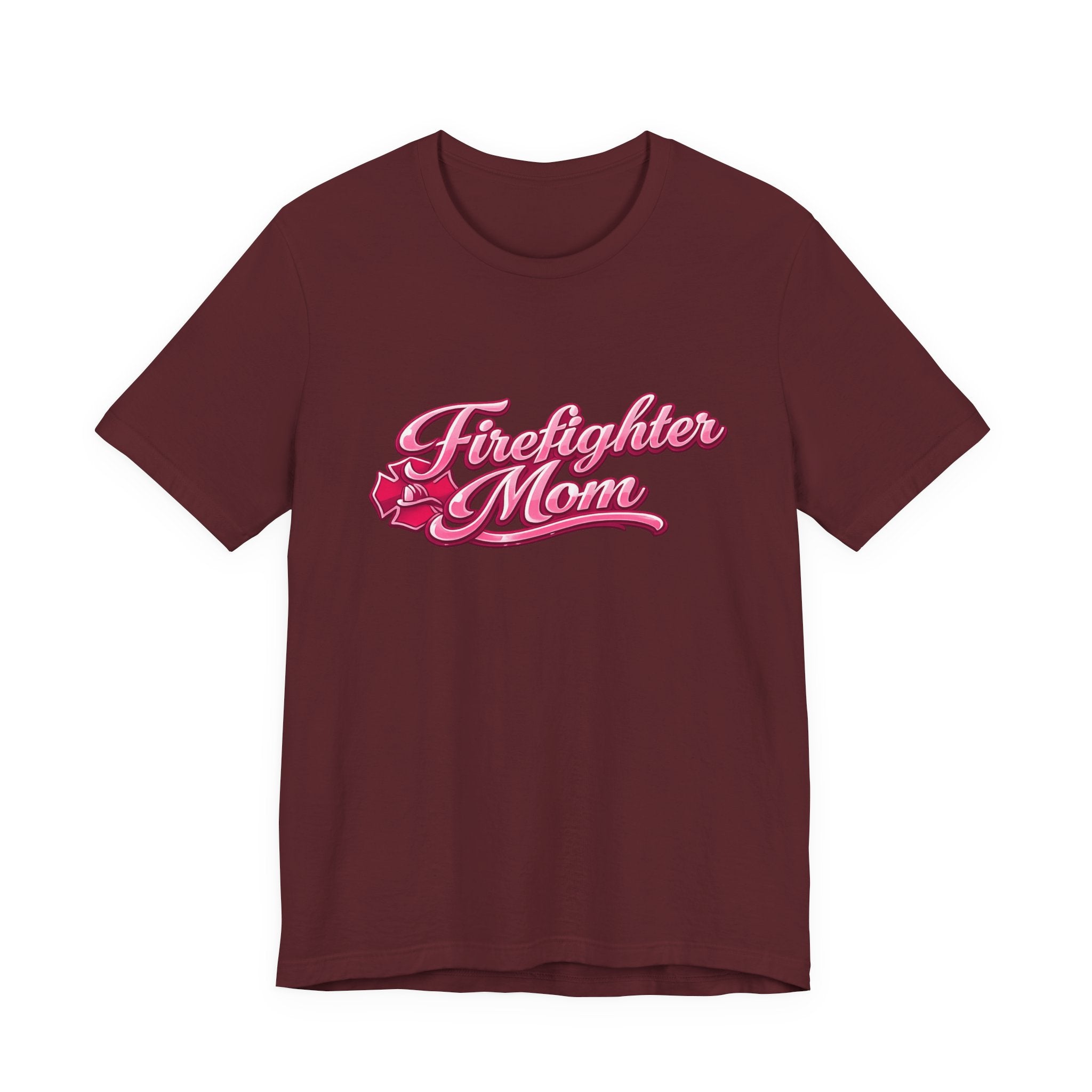 Firefighter Mom T-Shirt — Pink Script Rescue Emblem Tee