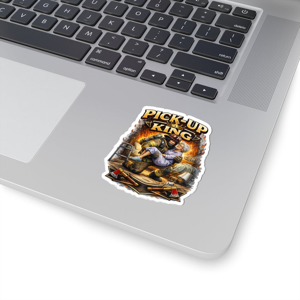 Pick-Up King Sticker — Funny Firefighter Carrying Grandma Kiss-Cut Decal