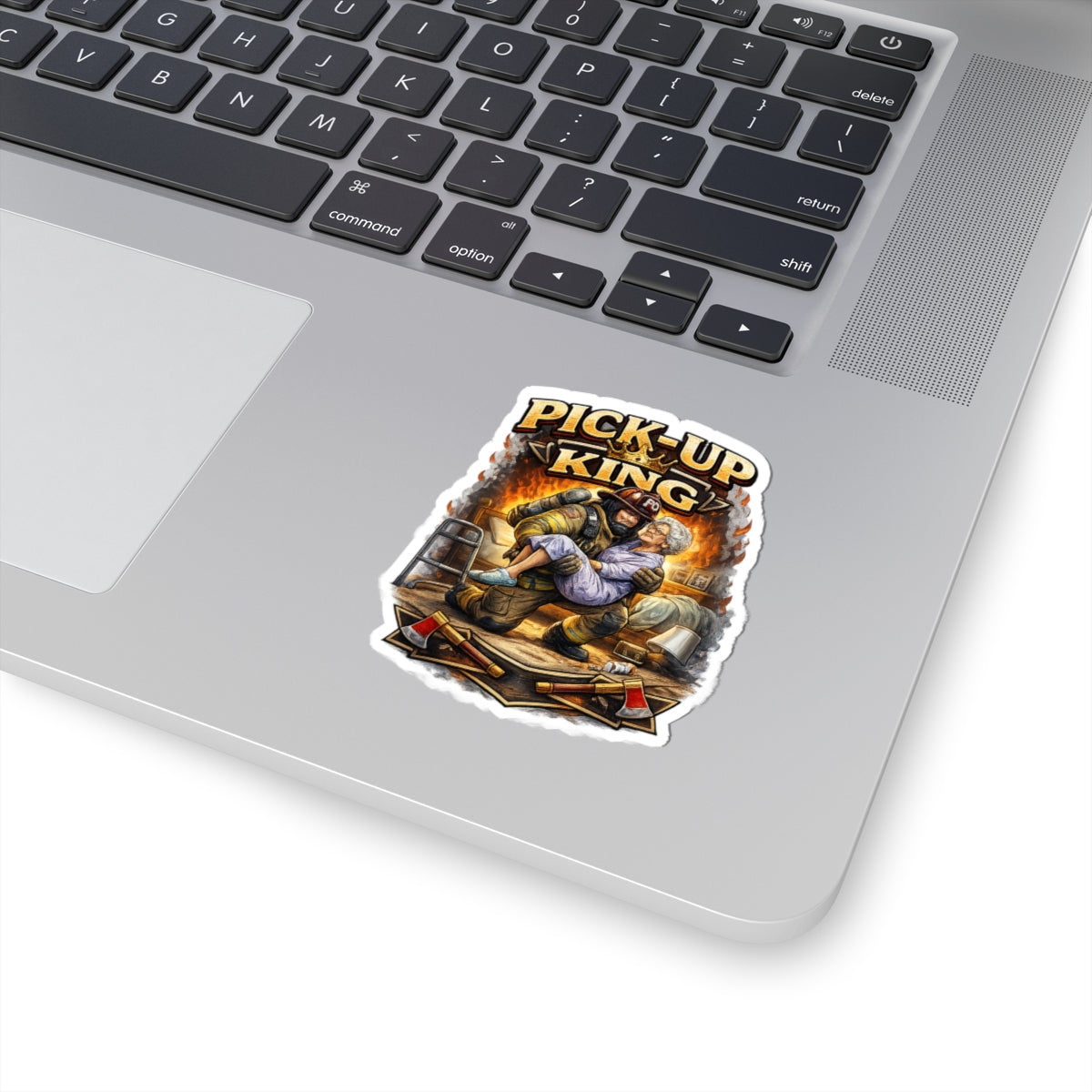 Pick-Up King Sticker — Funny Firefighter Carrying Grandma Kiss-Cut Decal