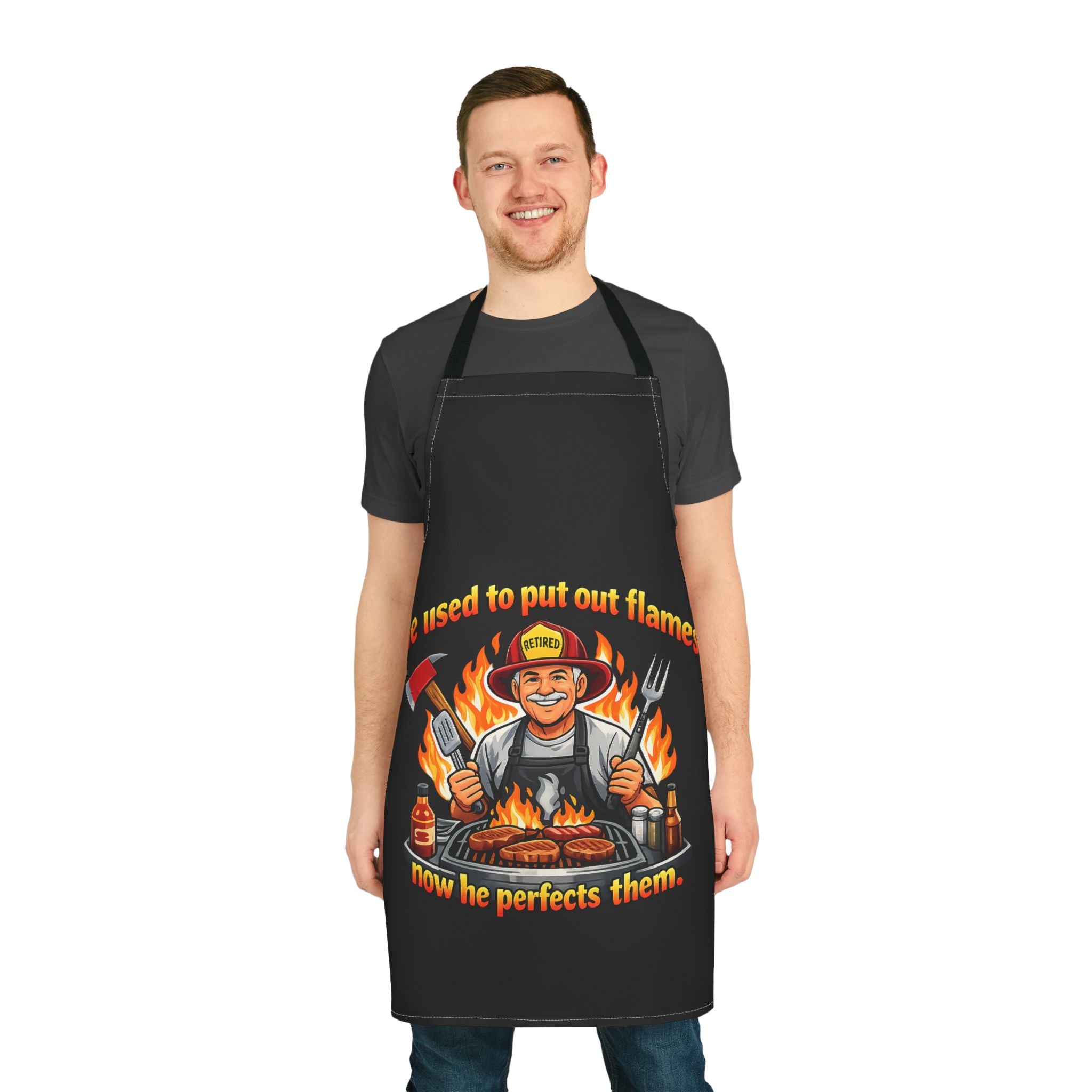 Firefighter Dad BBQ Apron — "He used to put out flames, now he perfects them" Grilling Apron