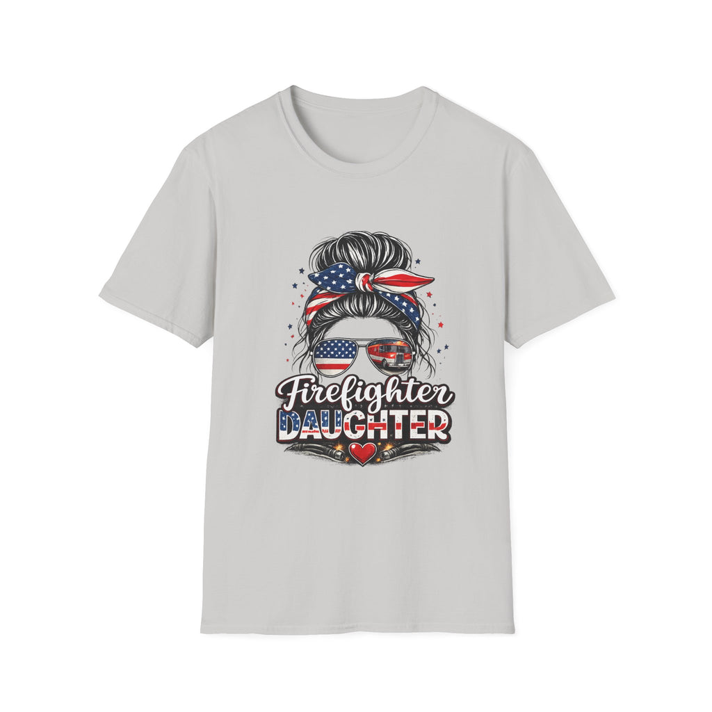 Firefighter Daughter T-Shirt — Patriotic Messy Bun Sunglasses Design