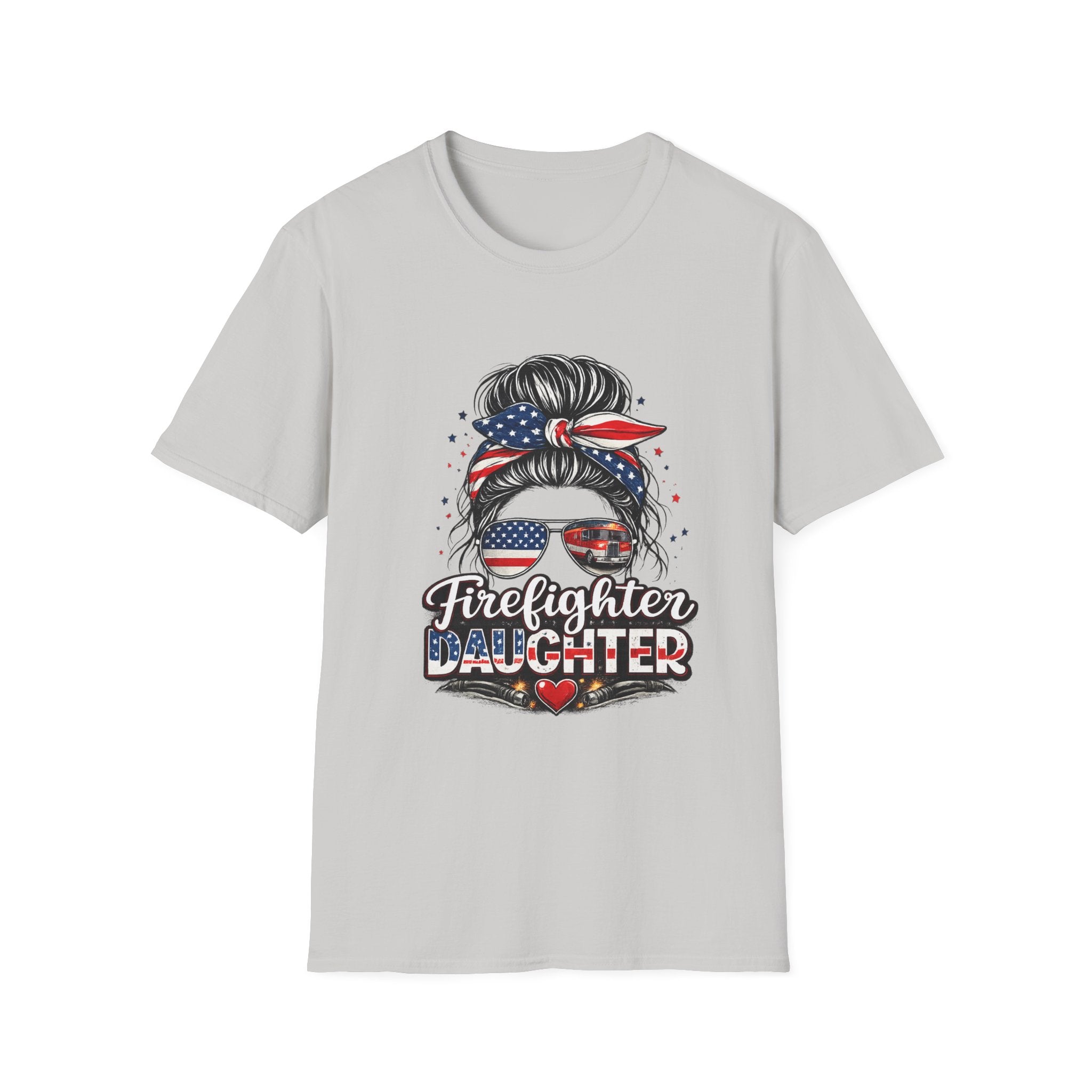 Firefighter Daughter T-Shirt — Patriotic Messy Bun Sunglasses Design