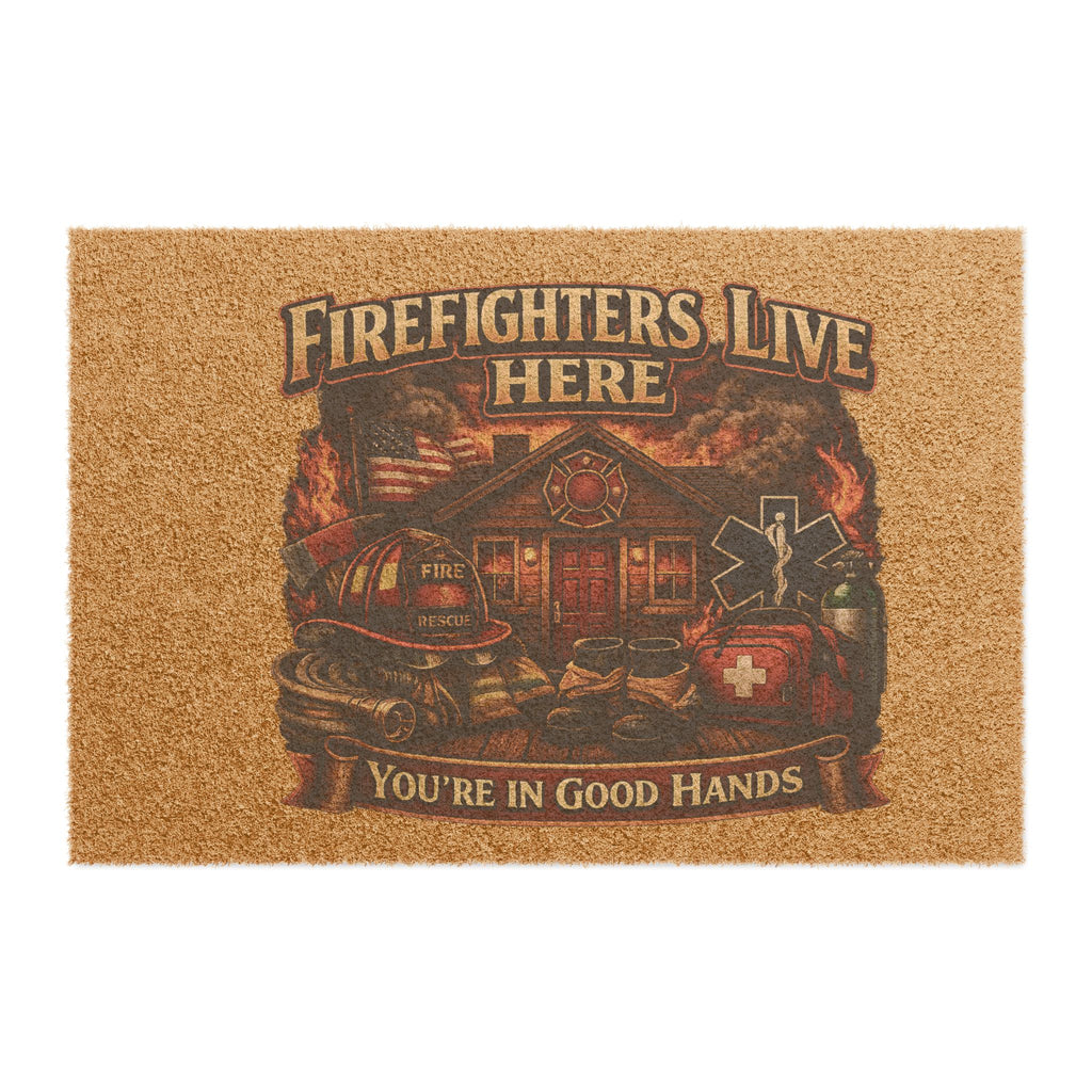 Firefighters Live Here Doormat — "You're in Good Hands" Welcome Mat for Firefighter Homes