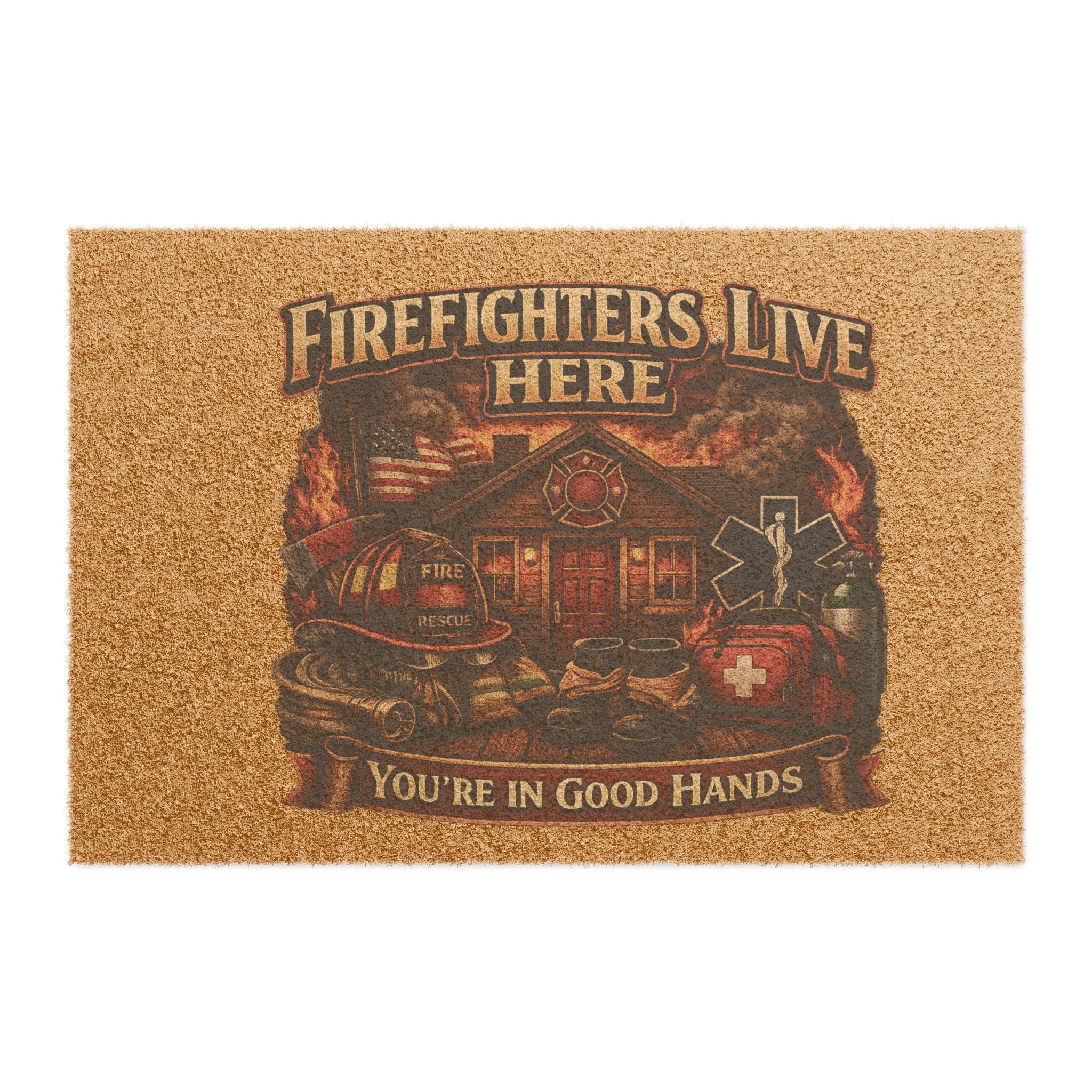 Firefighters Live Here Doormat — "You're in Good Hands" Welcome Mat for Firefighter Homes