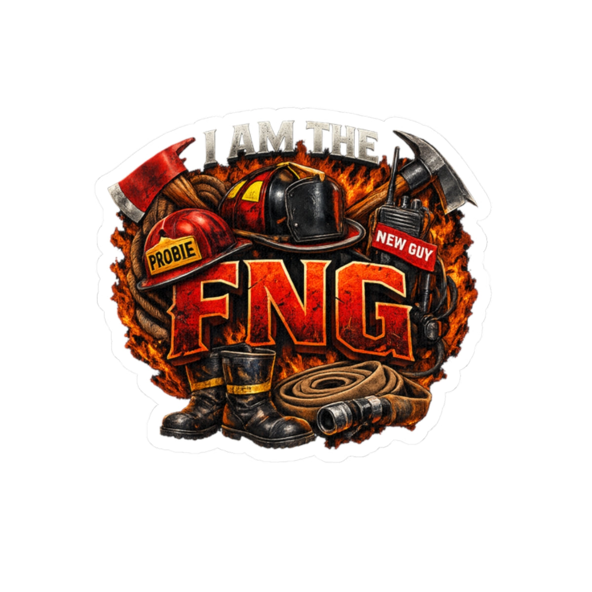 Firefighter 'I Am The FNG' Kiss-Cut Sticker — Helmet, Hose & Axe Design