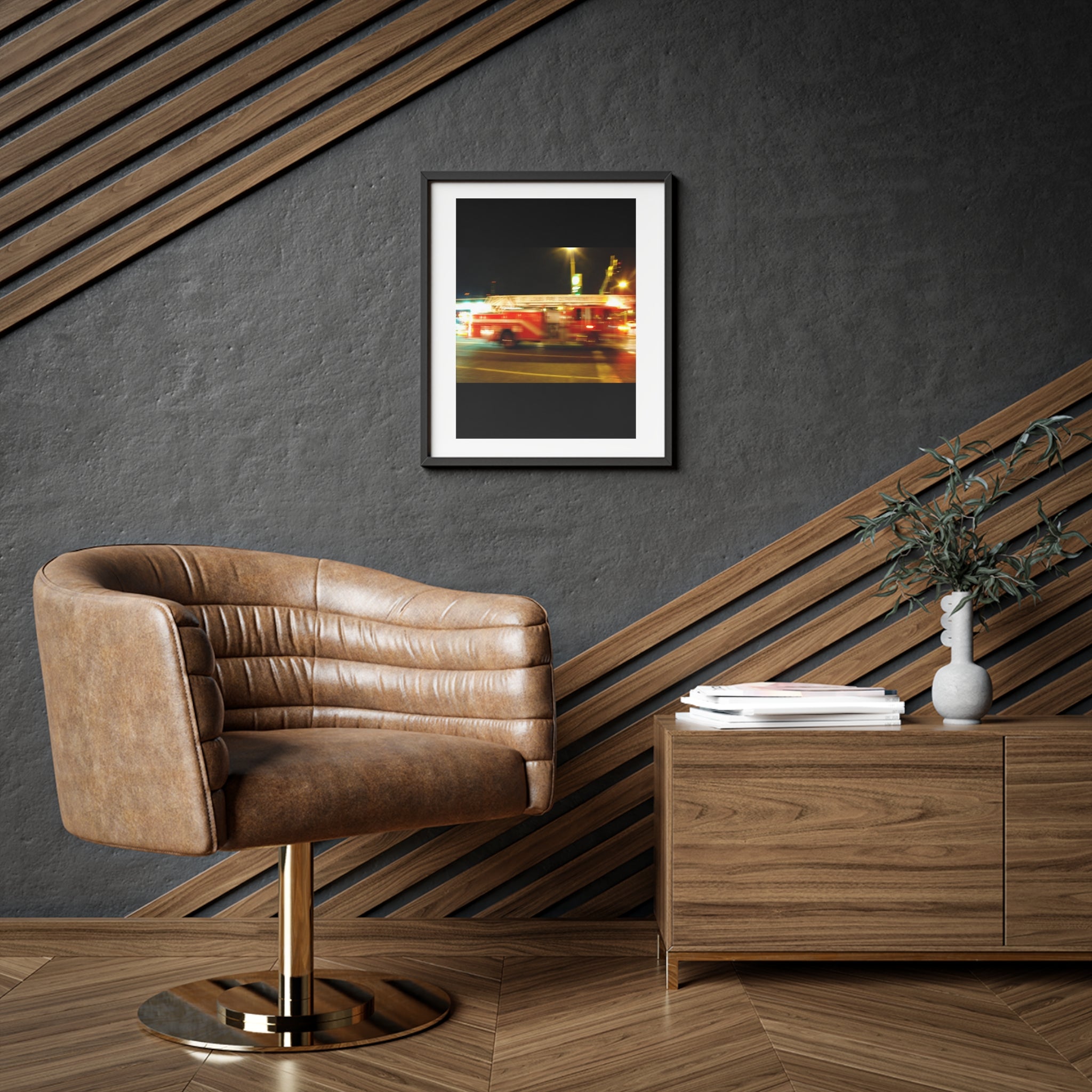 Fire Truck Motion Blur Framed Poster — Matte Photo Print for Home or Office