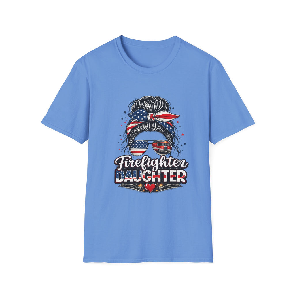 Firefighter Daughter T-Shirt — Patriotic Messy Bun Sunglasses Design