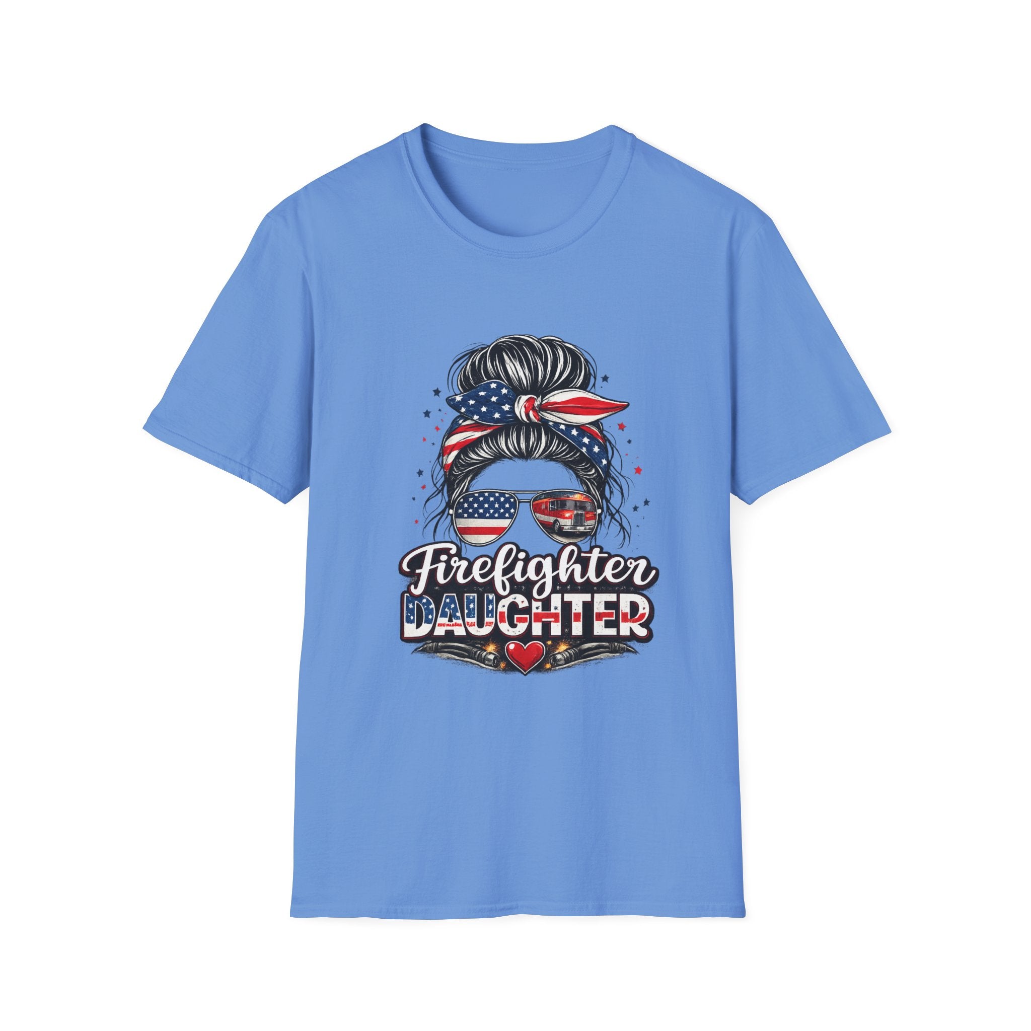 Firefighter Daughter T-Shirt — Patriotic Messy Bun Sunglasses Design