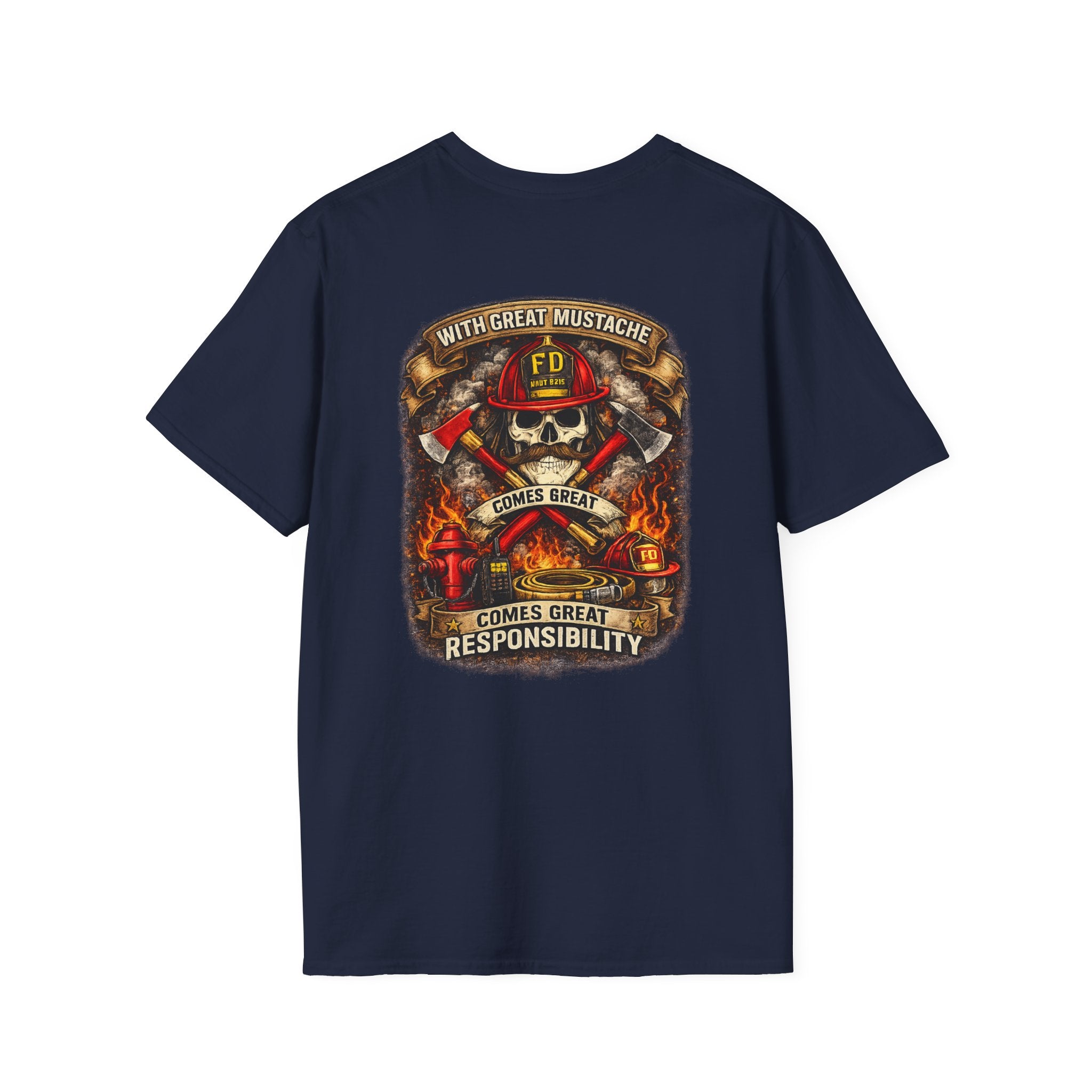 Firefighter Skull T-Shirt — “With Great Mustache Comes Great Responsibility” Graphic Tee