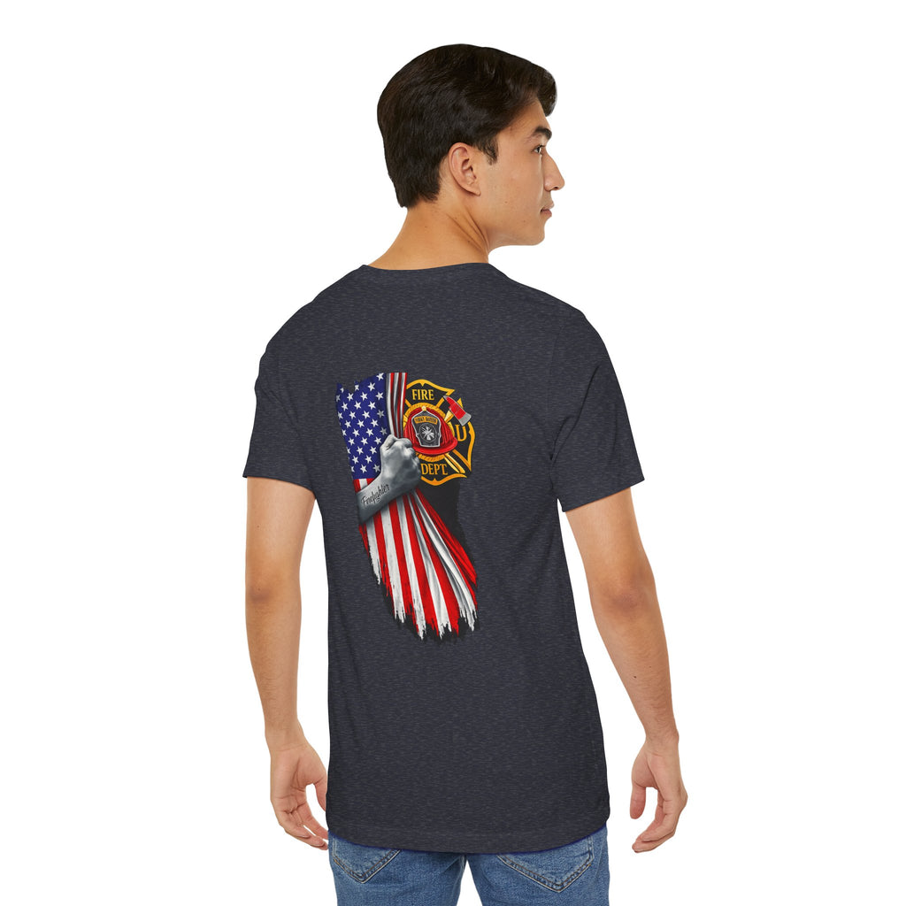 Firefighter Flag T-Shirt — American Flag & Maltese Cross Back Tee