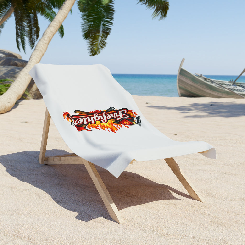 Firefighter Emblem Beach Towel – Helmet, Axe & Flames Design
