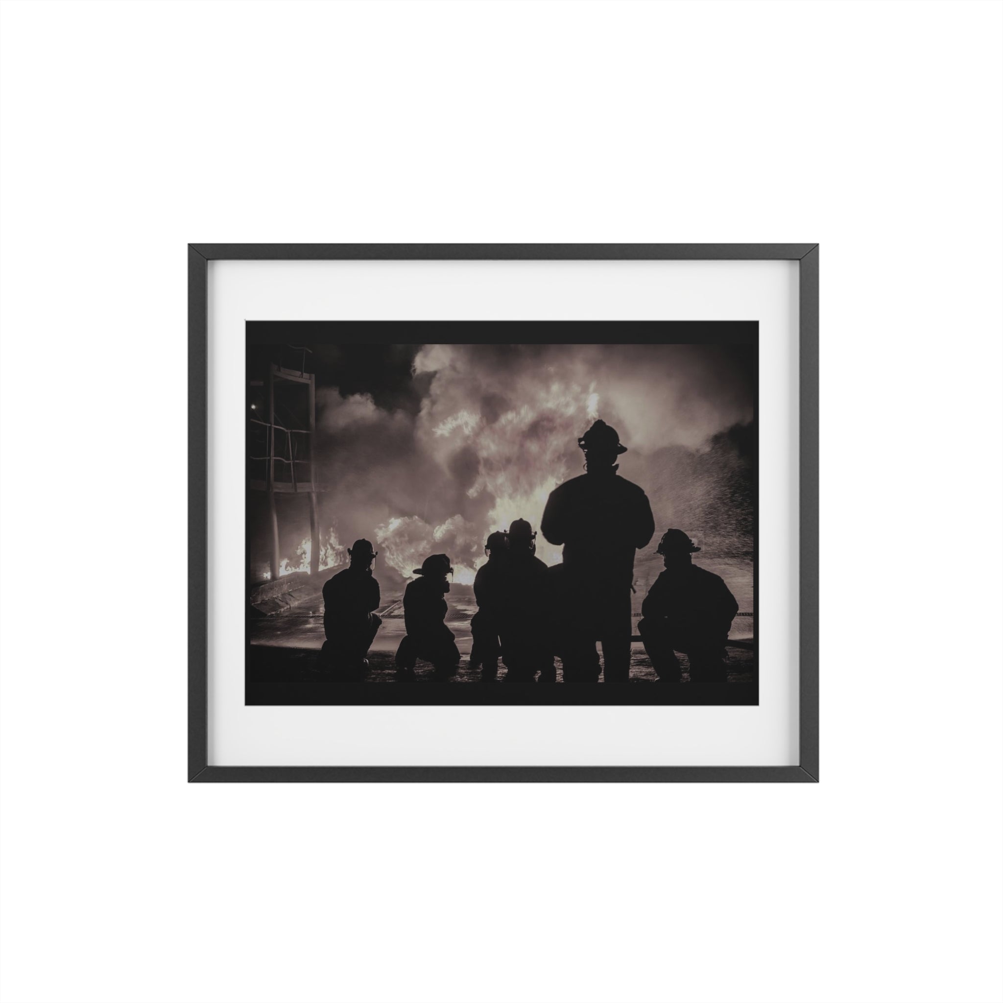Firefighter Silhouette Framed Poster — Black & White Matte Print