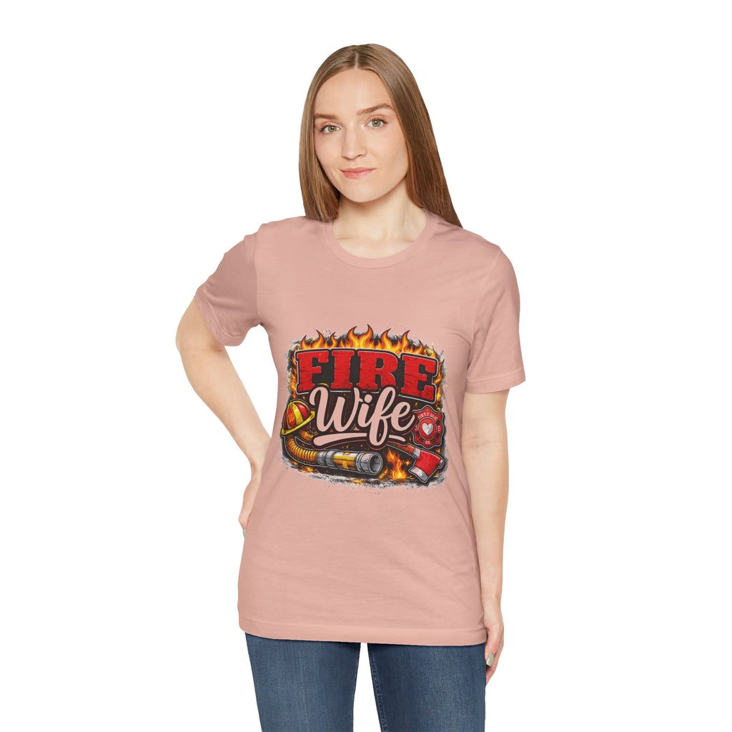 Fire Wife T-Shirt – Firefighter Spouse Tee with Helmet, Hose & Flames