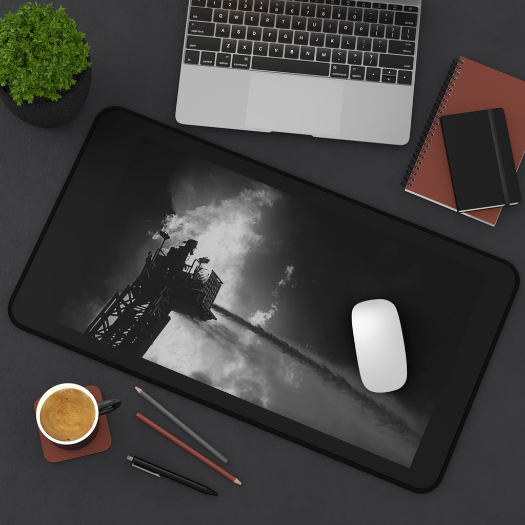 Firefighter Rescue Desk Mat — Dramatic Black & White Firetruck Tower Desk Pad