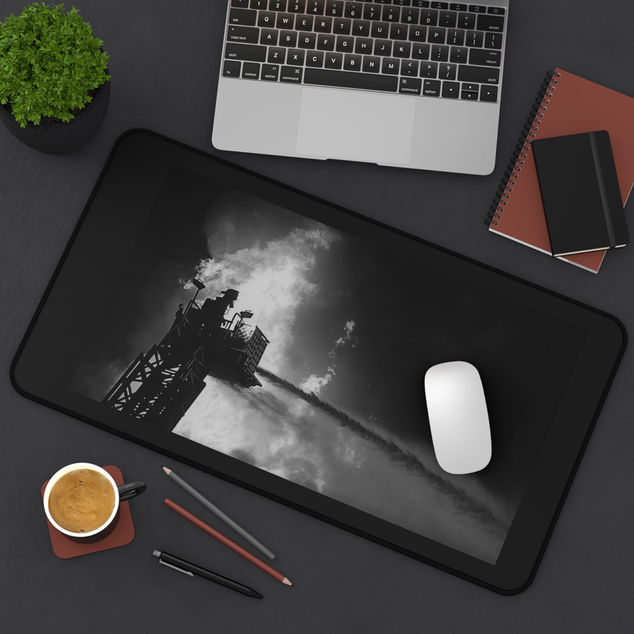 Firefighter Rescue Desk Mat — Dramatic Black & White Firetruck Tower Desk Pad