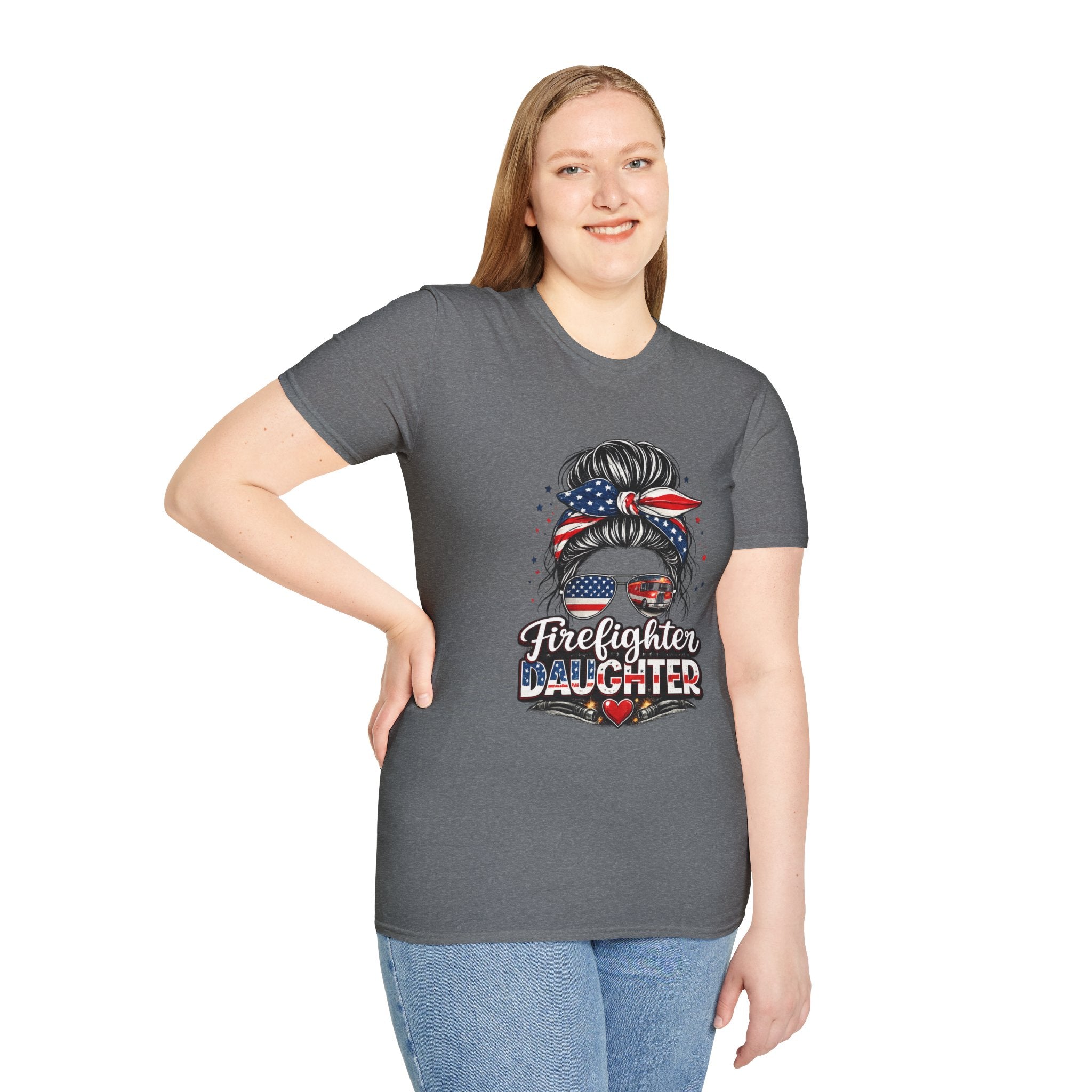 Firefighter Daughter T-Shirt — Patriotic Messy Bun Sunglasses Design