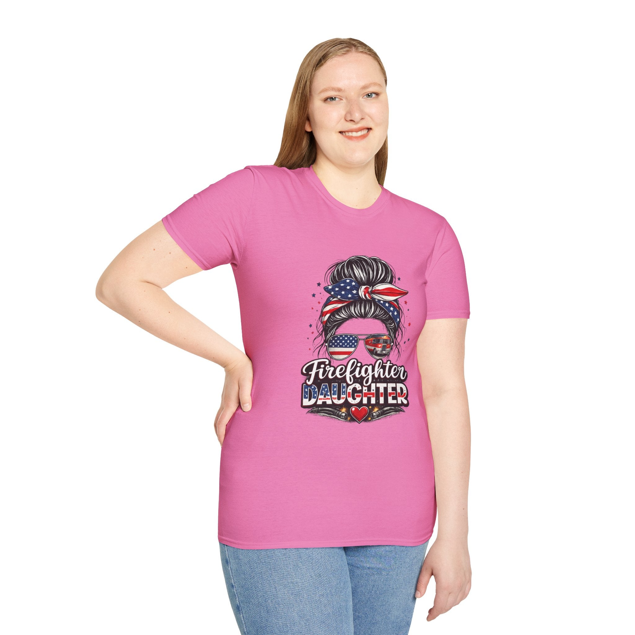 Firefighter Daughter T-Shirt — Patriotic Messy Bun Sunglasses Design