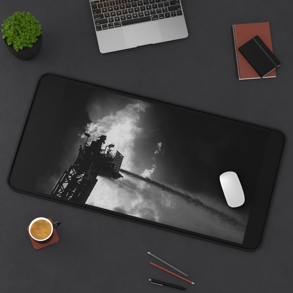 Firefighter Rescue Desk Mat — Dramatic Black & White Firetruck Tower Desk Pad