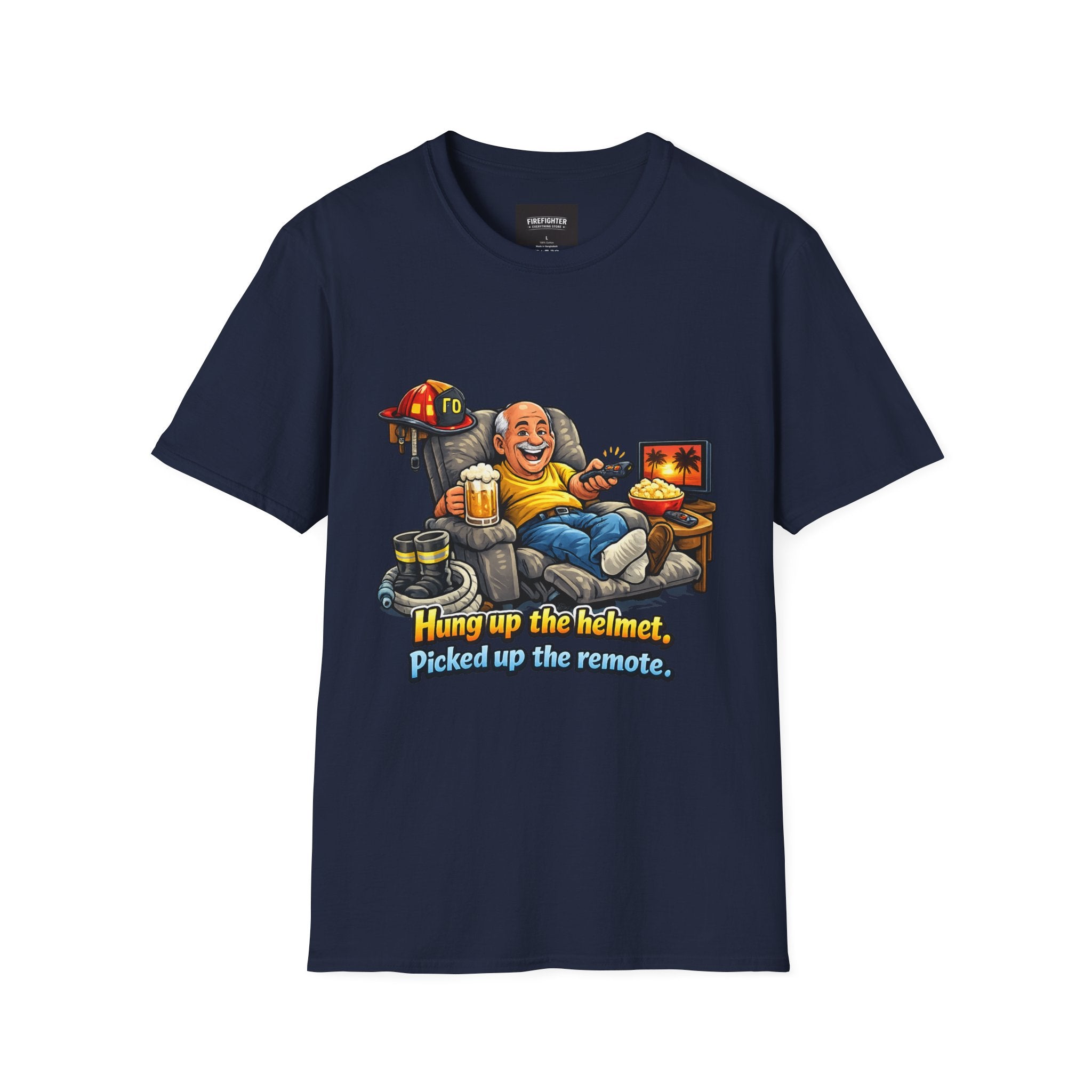 Firefighter Retirement T-Shirt — "Hung up the helmet, picked up the remote" Graphic on Front