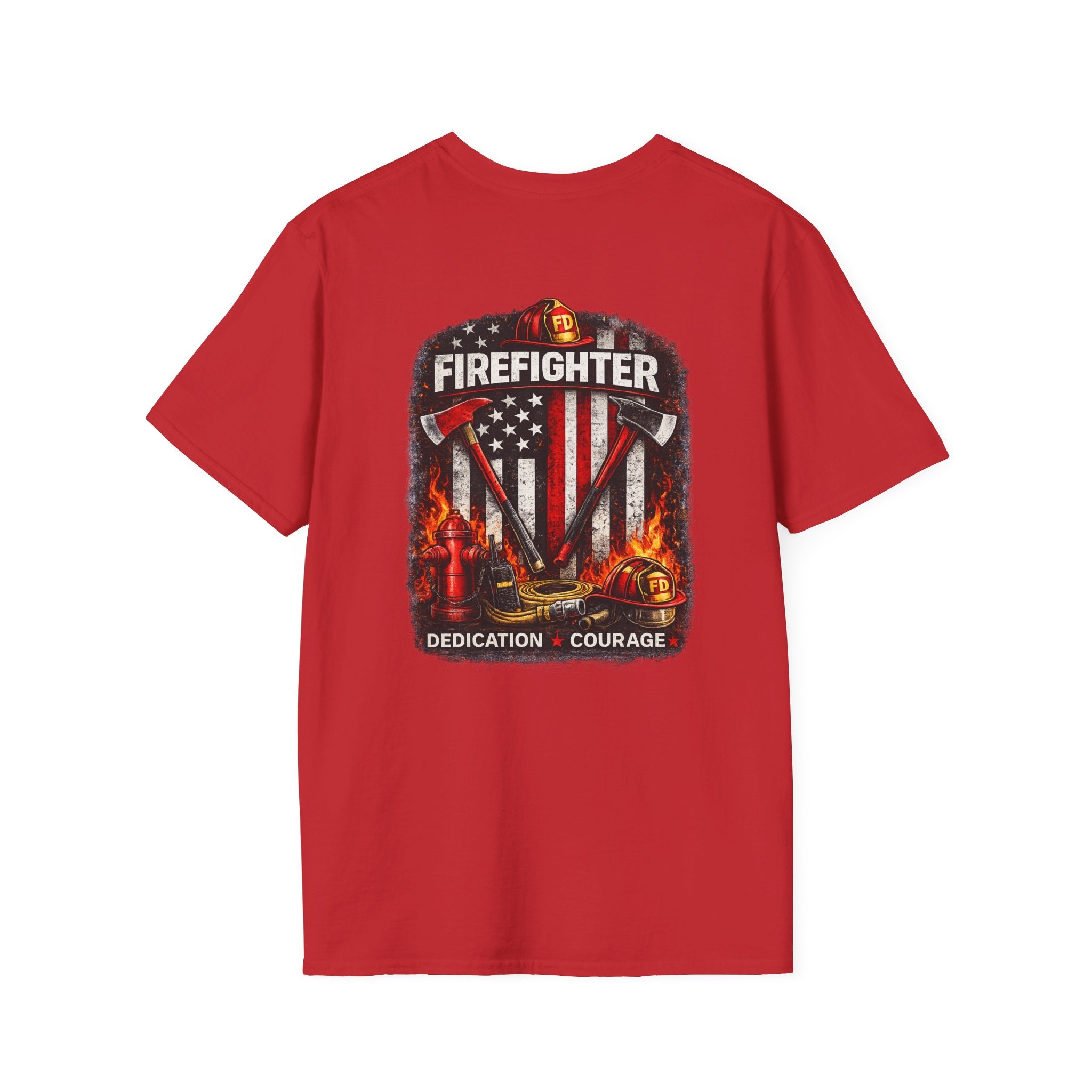 Firefighter T-Shirt — American Flag Helmet Design with "Dedication • Courage"