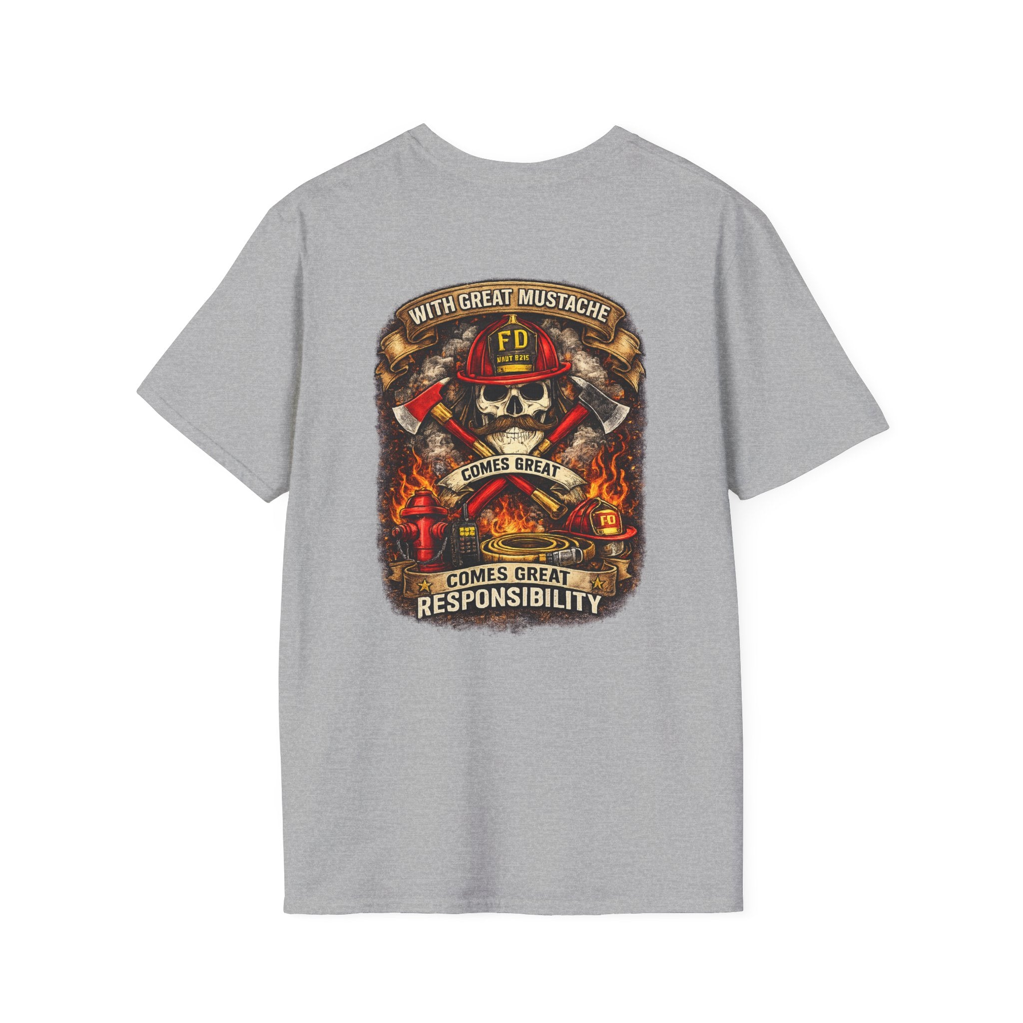 Firefighter Skull T-Shirt — “With Great Mustache Comes Great Responsibility” Graphic Tee