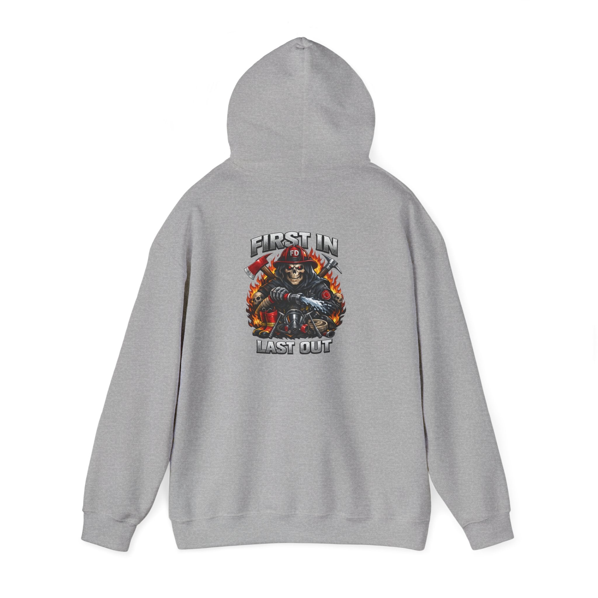 Fireman Skull Hoodie - "Fire In, Last Out" Firefighter Pullover