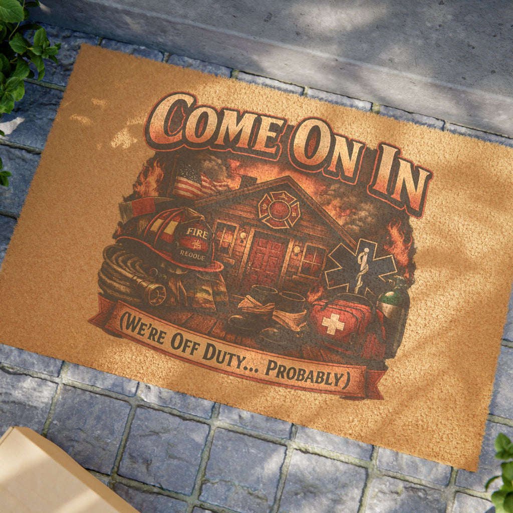 Doormat — 'Come On In, We're Off Duty... Probably' Rustic Firehouse Welcome Mat