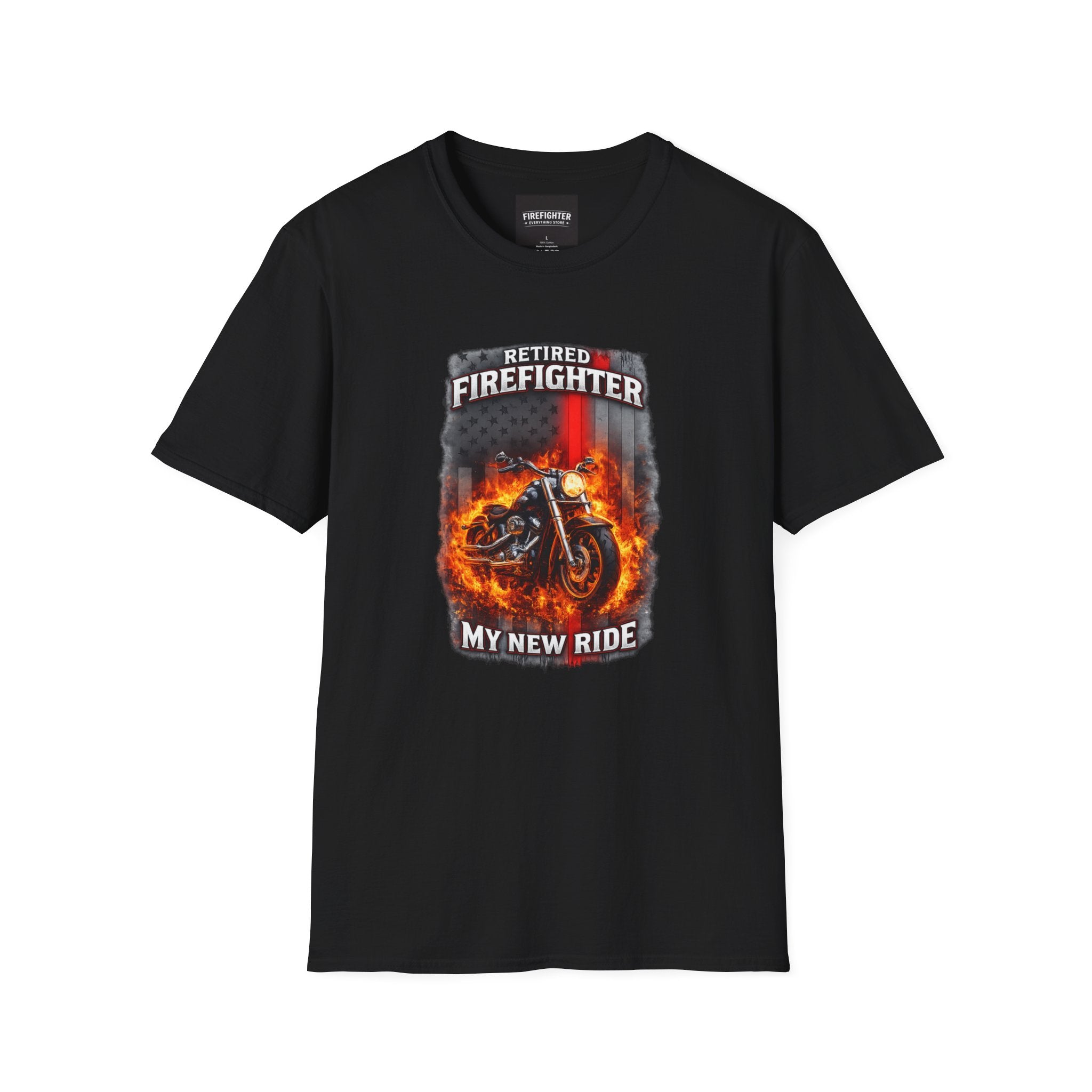 Retired Firefighter Motorcycle T-Shirt — “My New Ride” Biker Tee" Graphic on Front