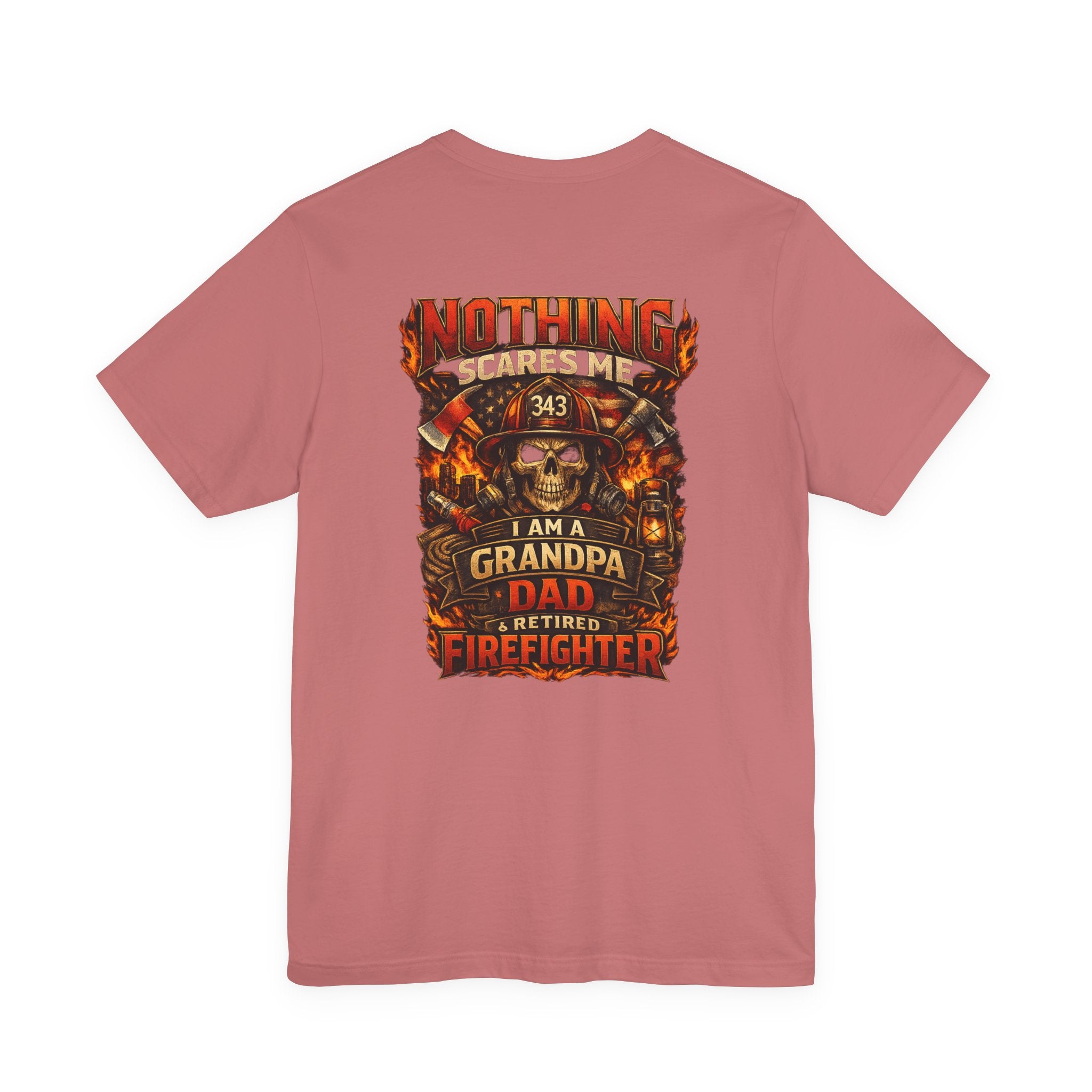 Retired Firefighter Grandpa T-Shirt — "I Am A Grandpa, Dad & Retired Firefighter" Back Print