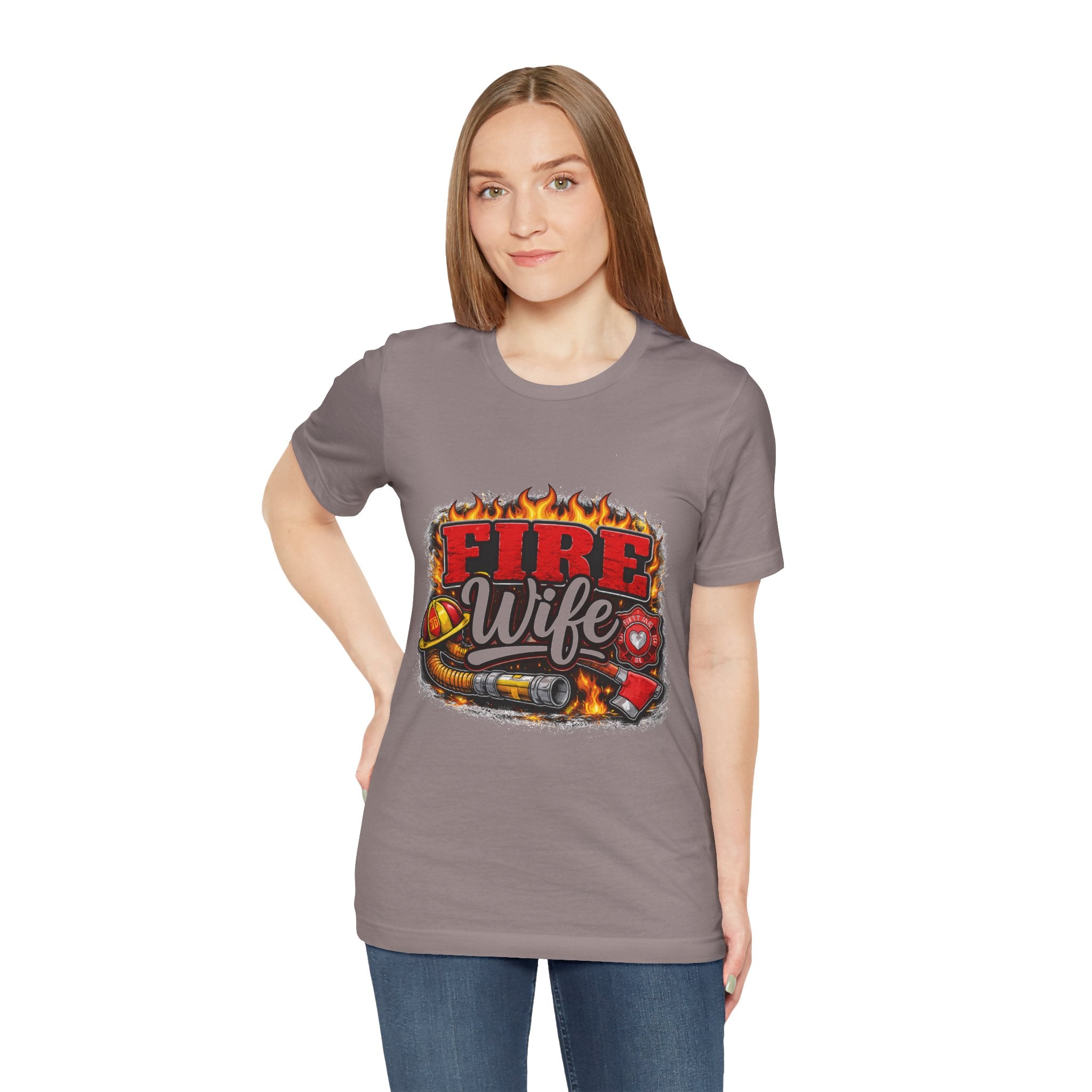 Fire Wife T-Shirt – Firefighter Spouse Tee with Helmet, Hose & Flames