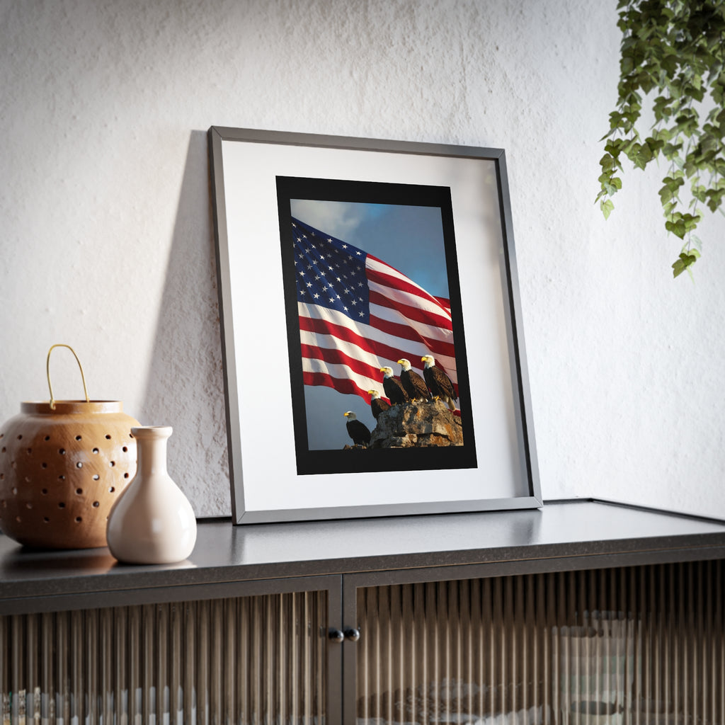 Framed Poster - Patriotic Bald Eagles & American Flag Wall Art (Matte)