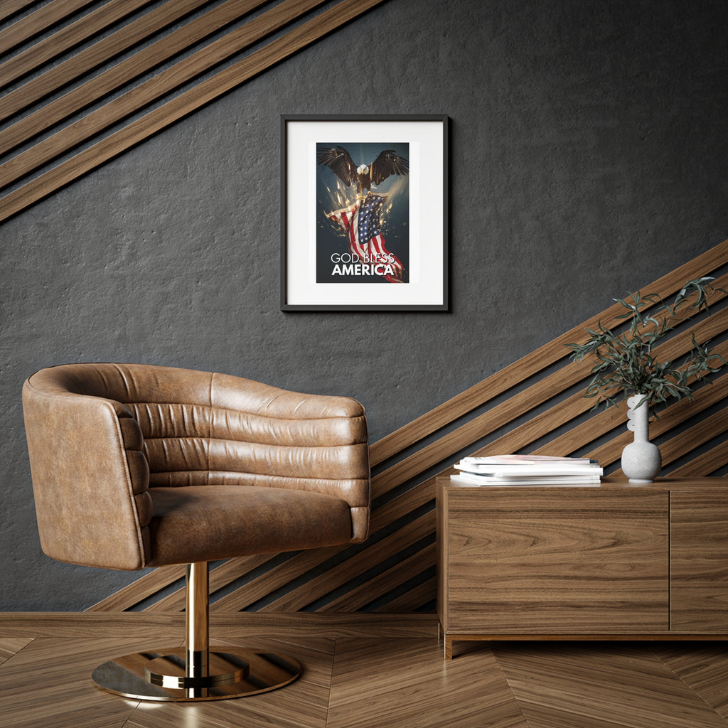 Framed Poster — "God Bless America" Patriotic Eagle & Flag Art (Matte)