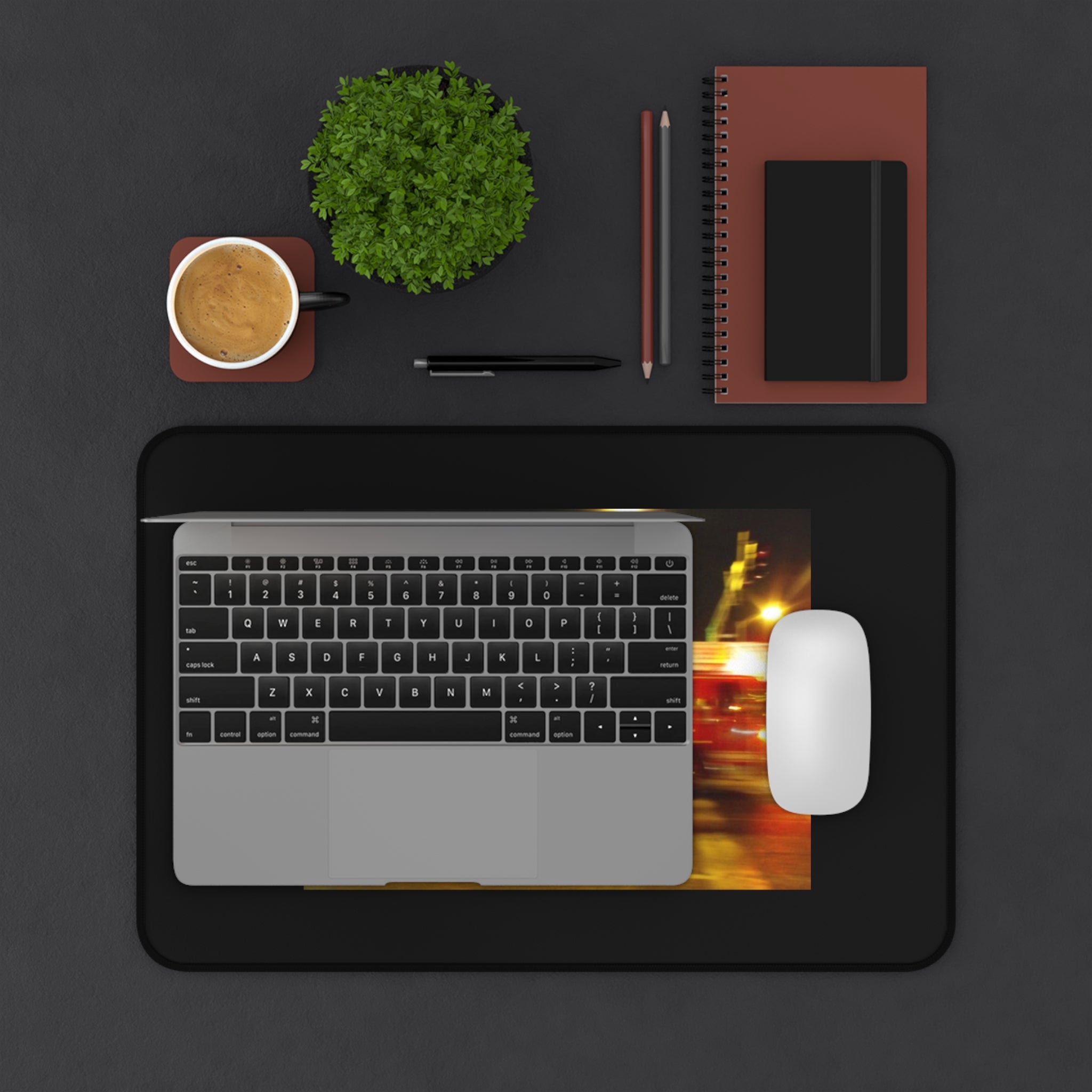 Emergency Response Desk Mat — Blurred Fire Truck Night Scene