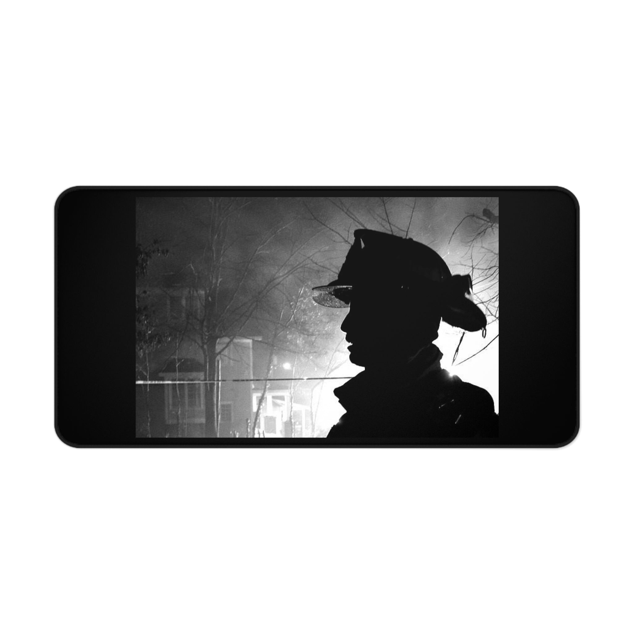 Firefighter Silhouette Desk Mat – Black & White Emergency Hero Mouse Pad
