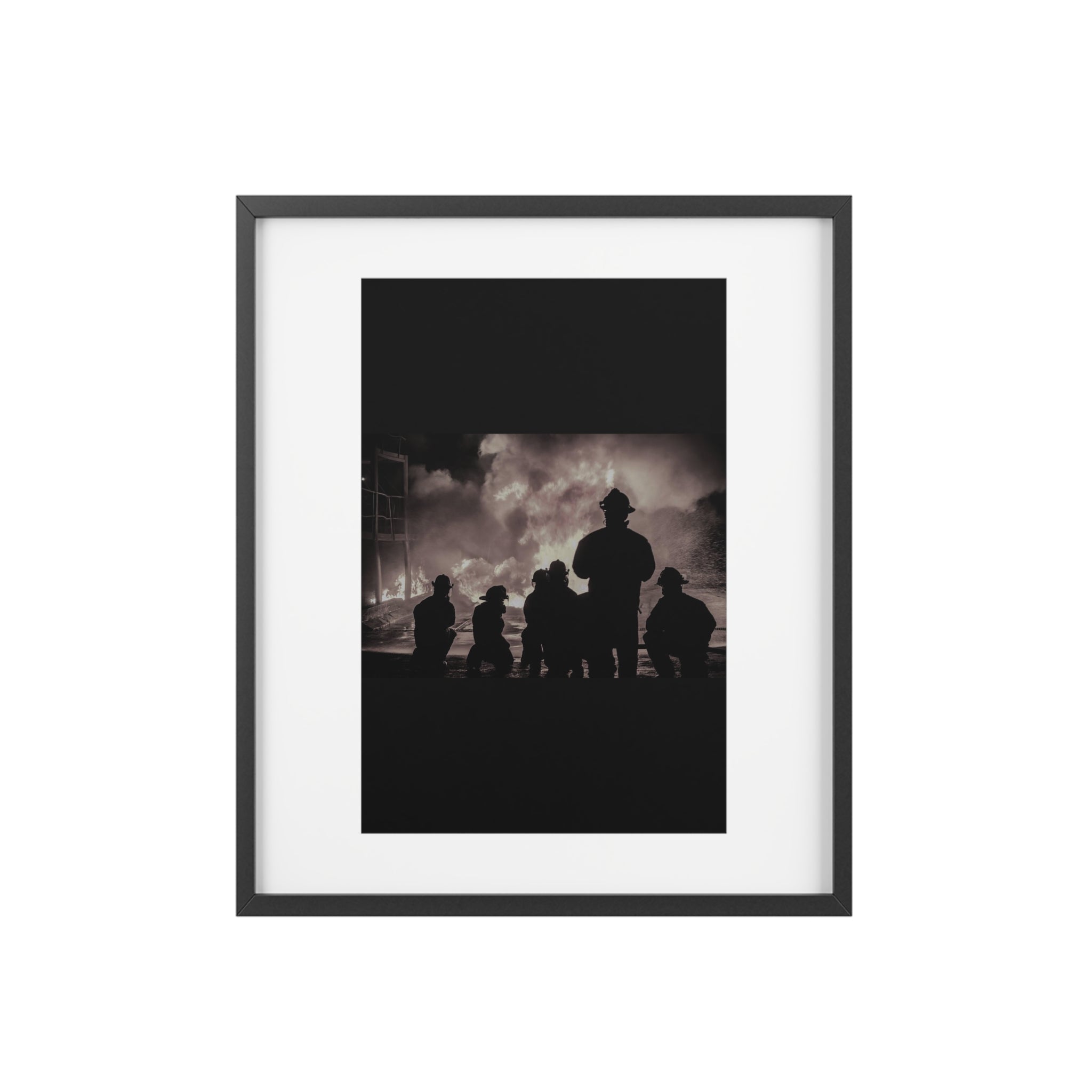 Firefighter Silhouette Framed Poster — Black & White Matte Print