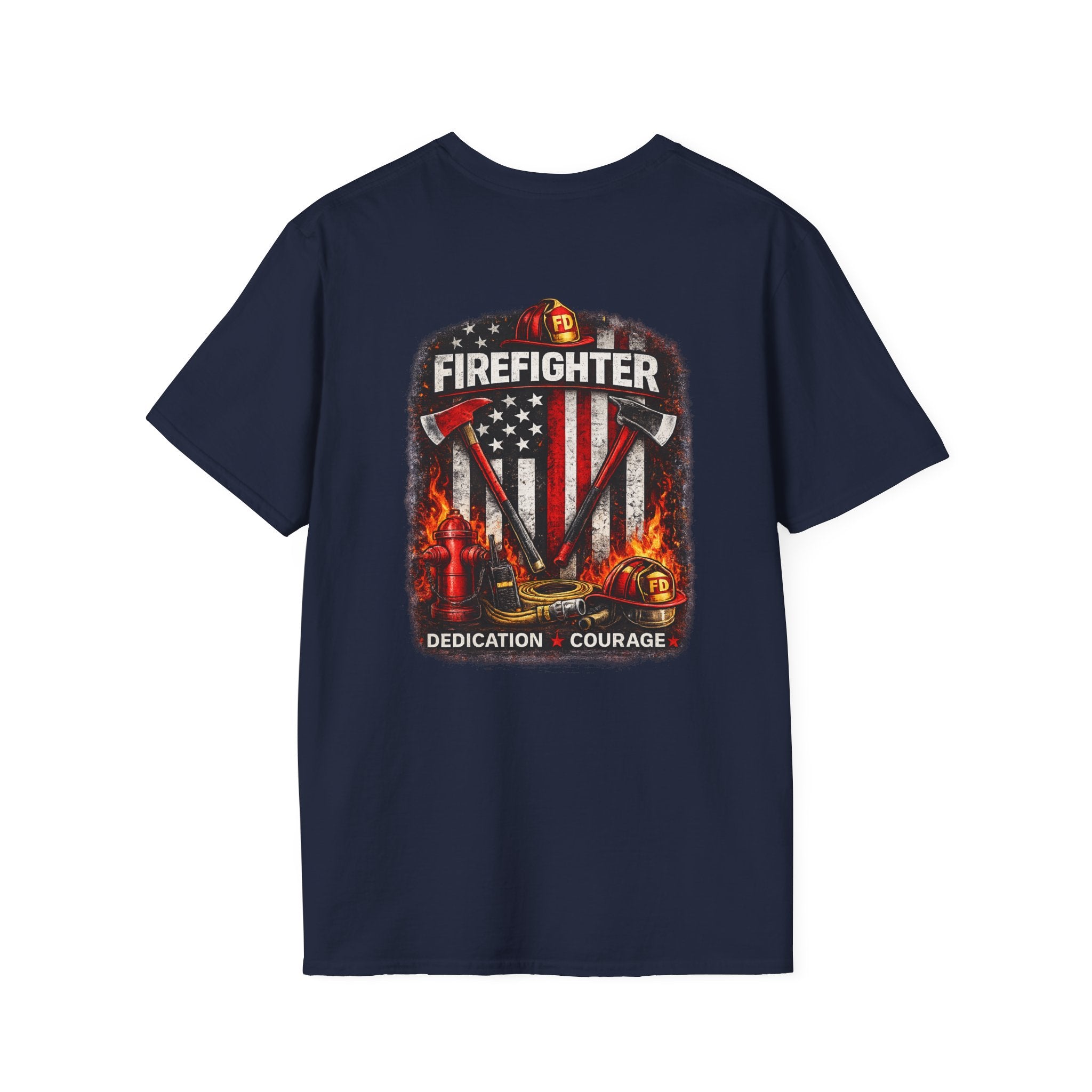 Firefighter T-Shirt — American Flag Helmet Design with "Dedication • Courage"