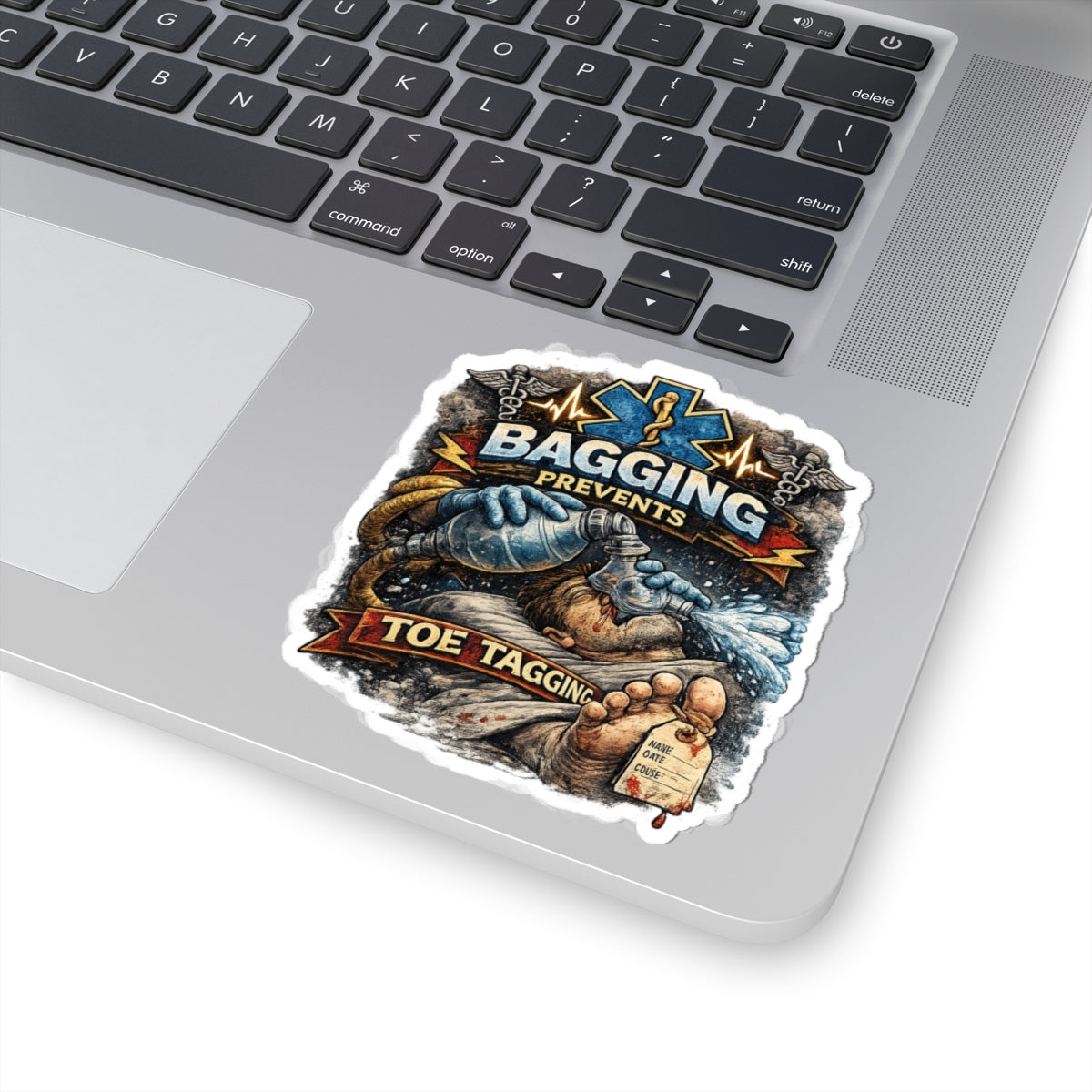 EMS 'Bagging Prevents Toe Tagging' Kiss-Cut Sticker — Paramedic EMT Rescue Decal