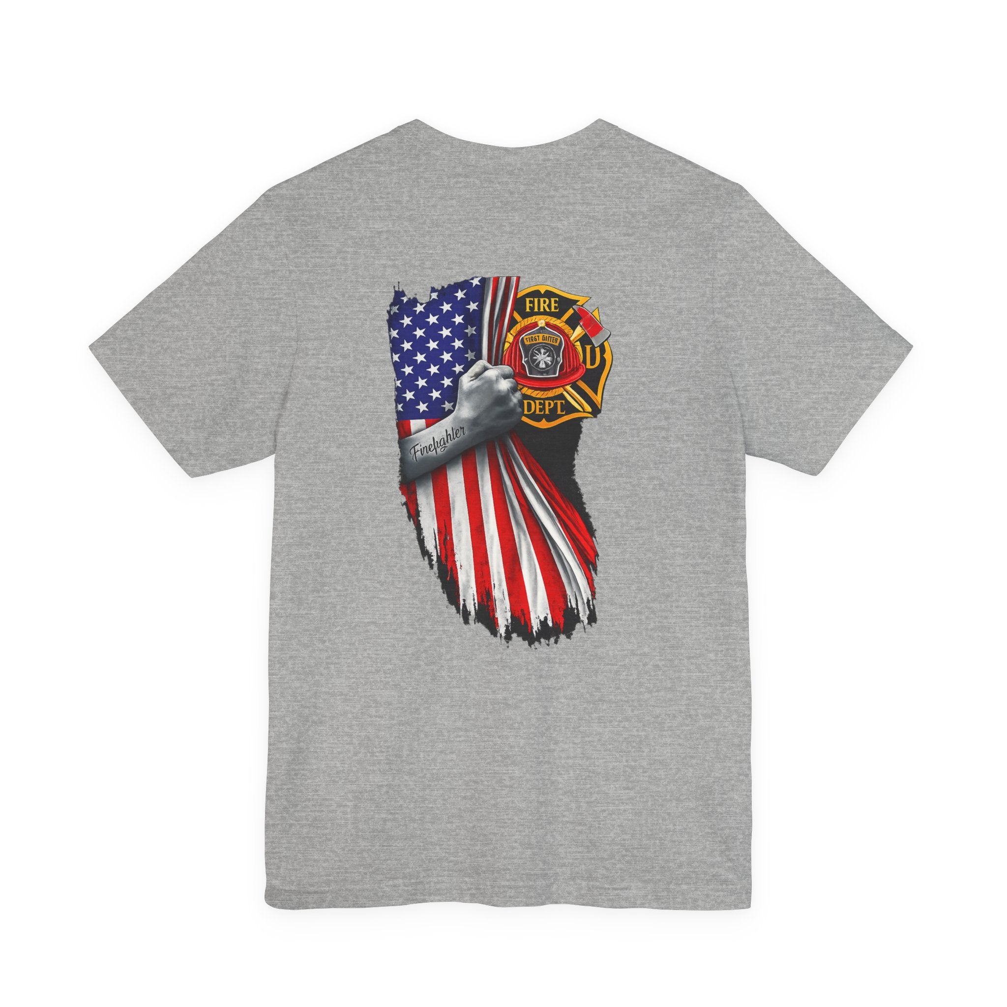 Firefighter Flag T-Shirt — American Flag & Maltese Cross Back Tee