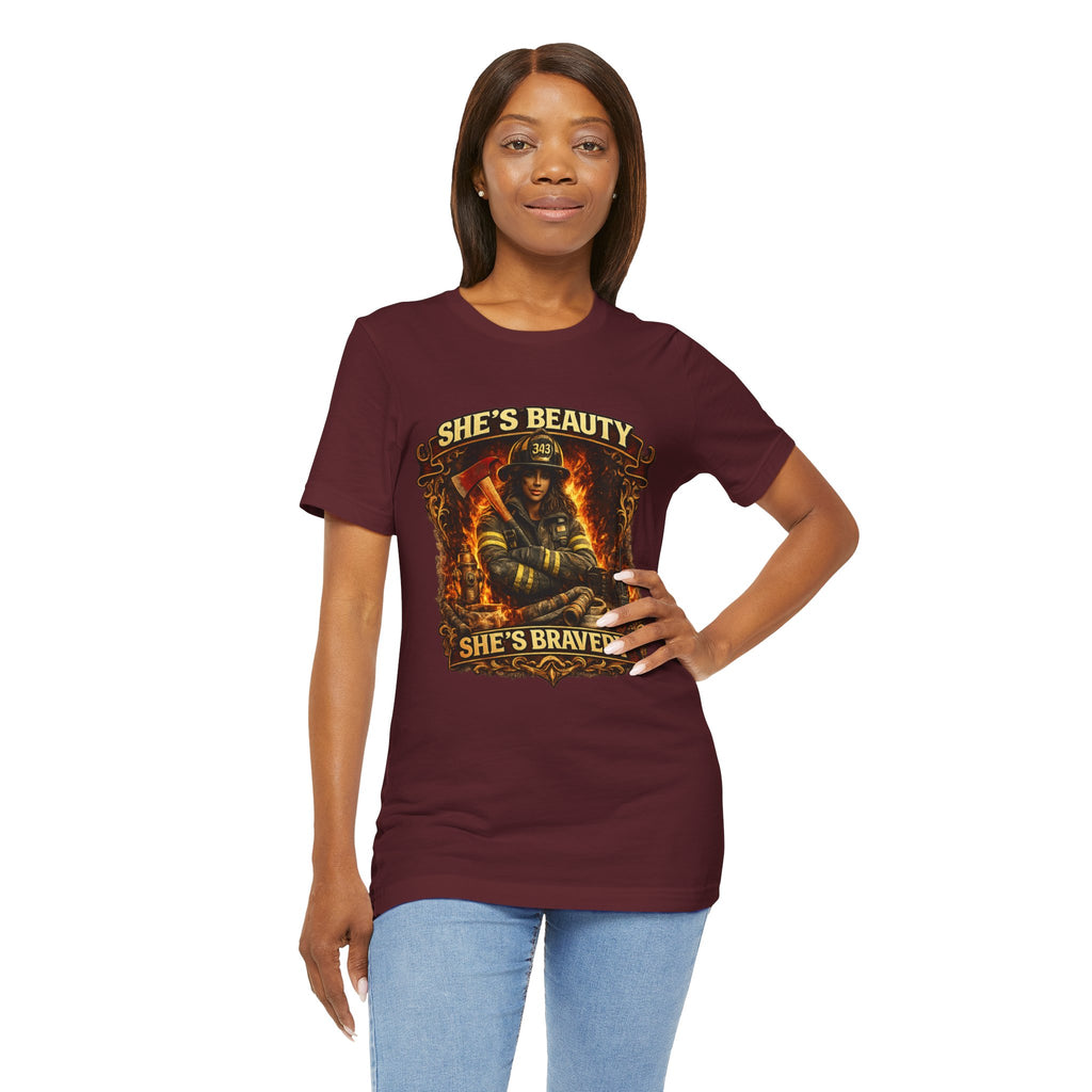 Firefighter Woman Tee - "She's Beauty, She's Bravery" Graphic T-Shirt