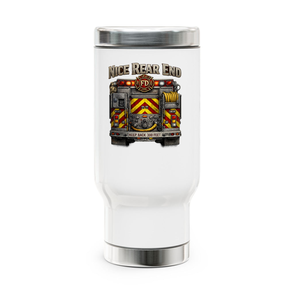 Firefighter Travel Mug 14oz – “Nice Rear End” Fire Truck Stainless Steel Travel Mug with Handle