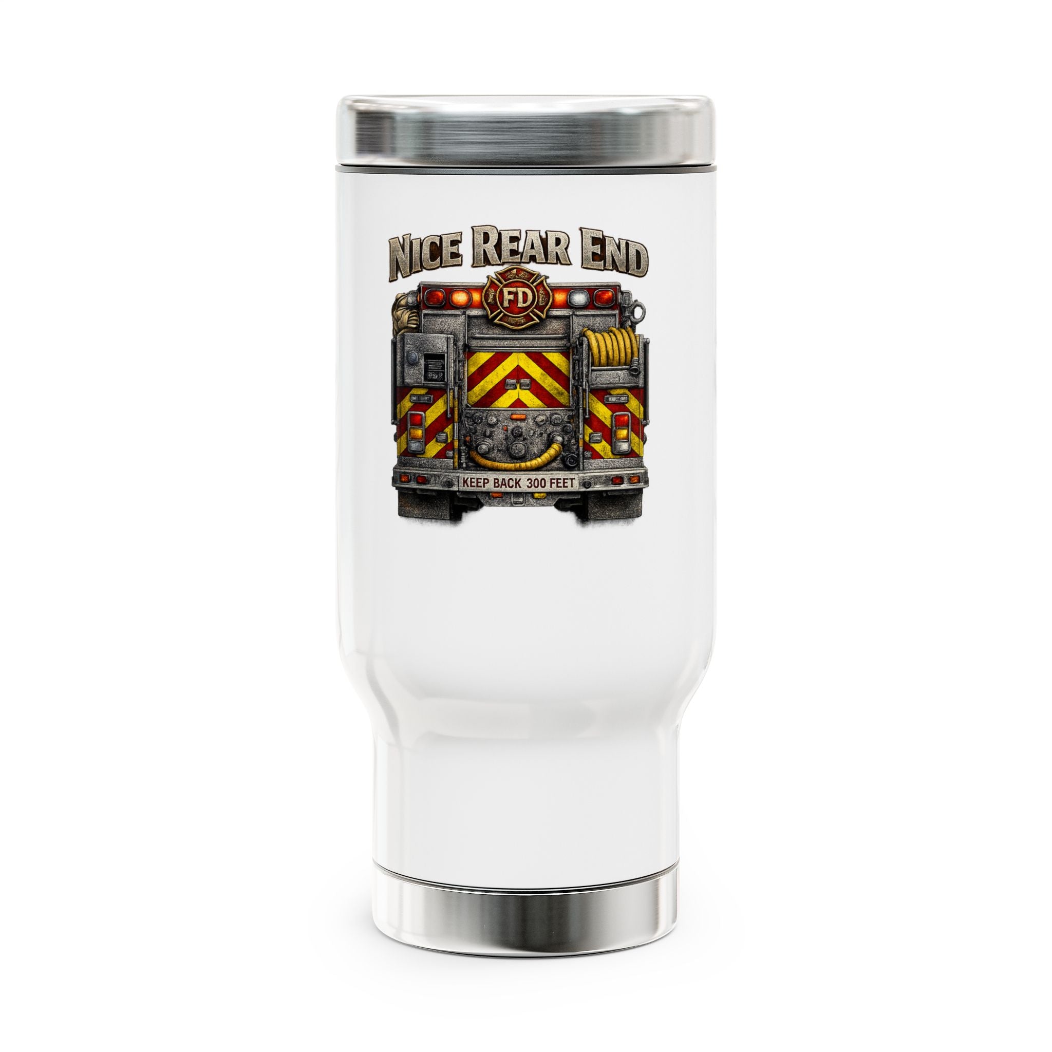Firefighter Travel Mug 14oz – “Nice Rear End” Fire Truck Stainless Steel Travel Mug with Handle
