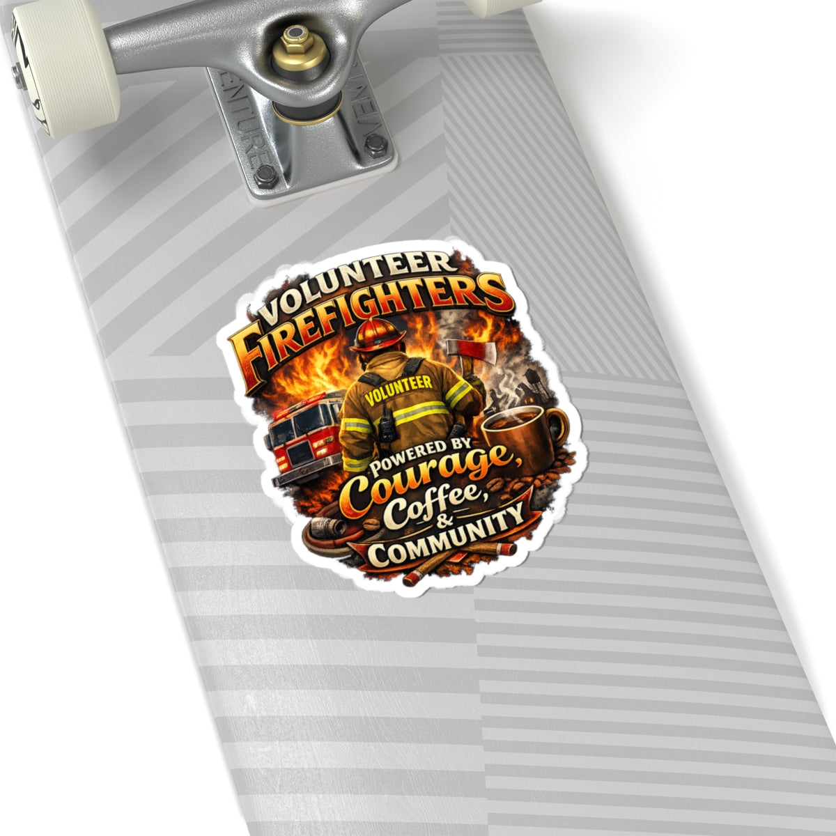 Volunteer Firefighters Kiss-Cut Sticker — "Powered by Courage, Coffee & Community"