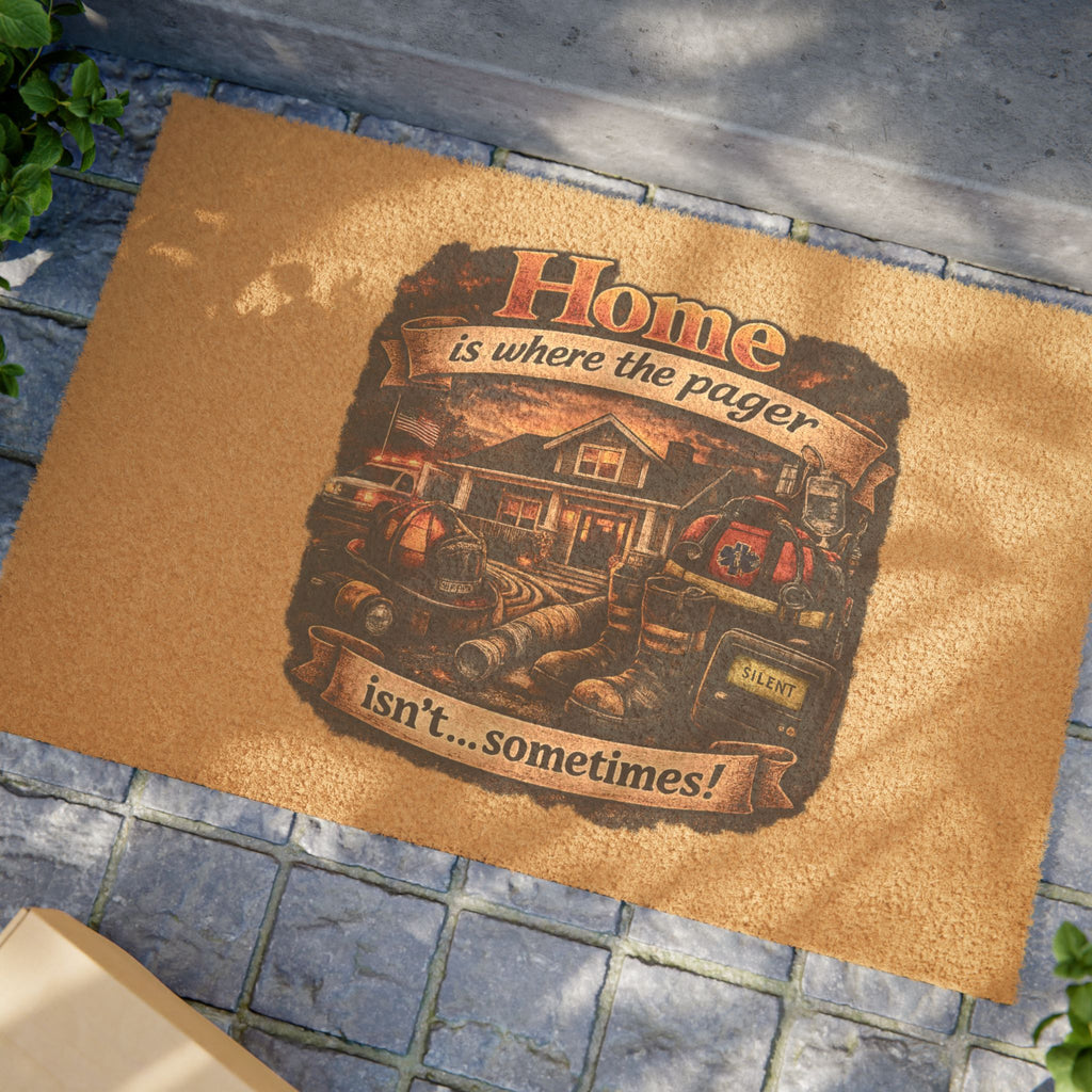 Doormat — "Home is Where the Pager Isn't... Sometimes!" Firefighter Welcome Mat