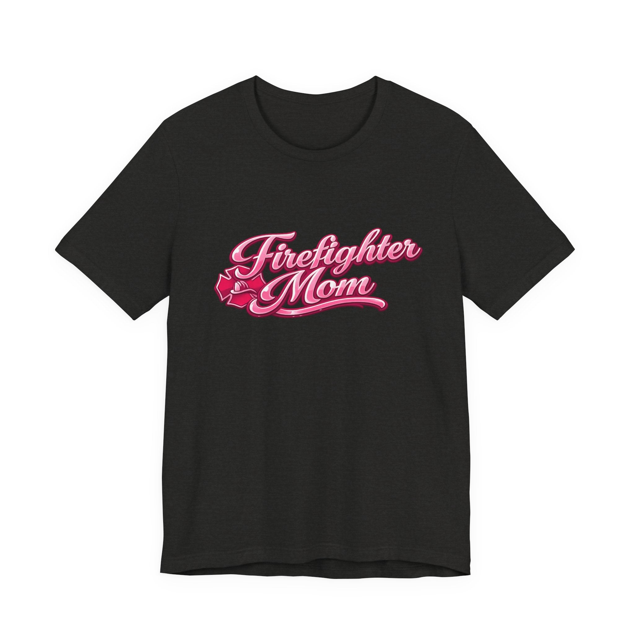 Firefighter Mom T-Shirt — Pink Script Rescue Emblem Tee