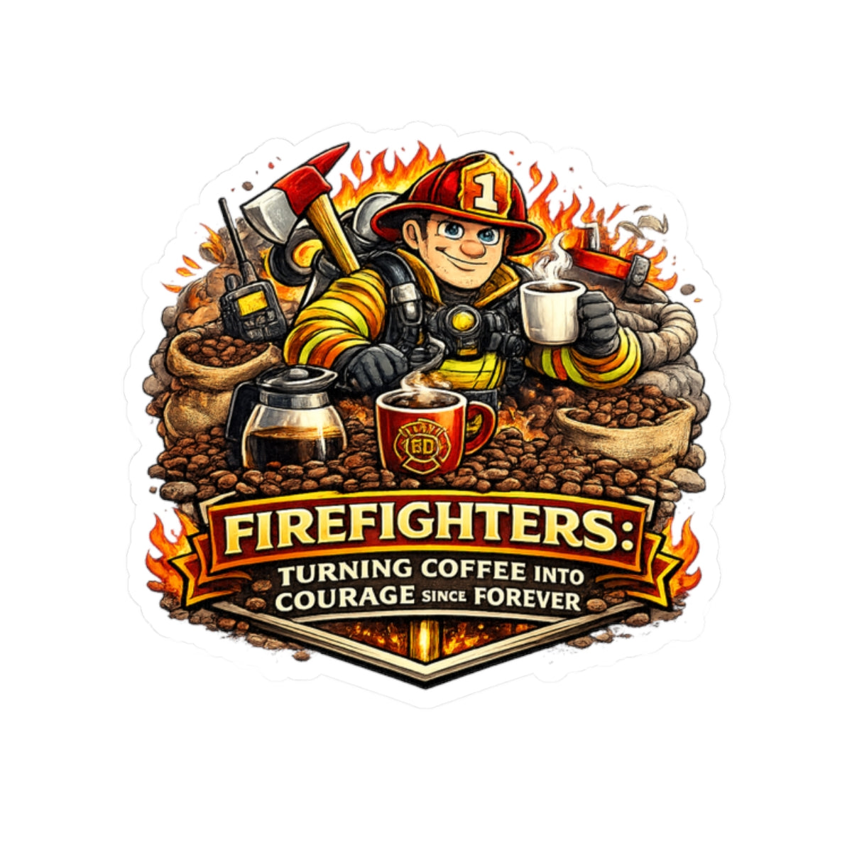 Firefighters Coffee Sticker — "Turning Coffee Into Courage Since Forever" Kiss-Cut Sticker