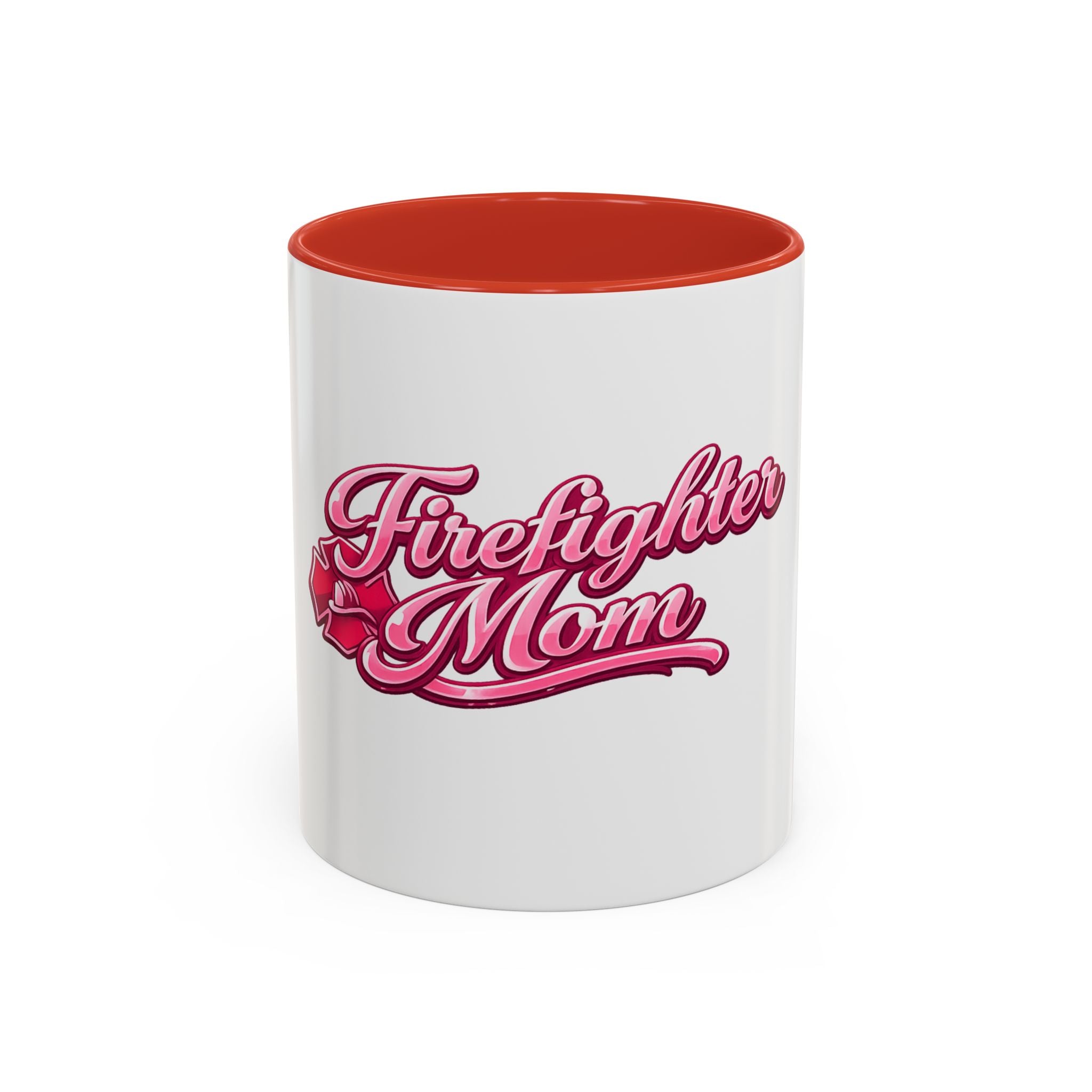Firefighter Mom Accent Coffee Mug — Pink Script Tribute (11/15 oz)