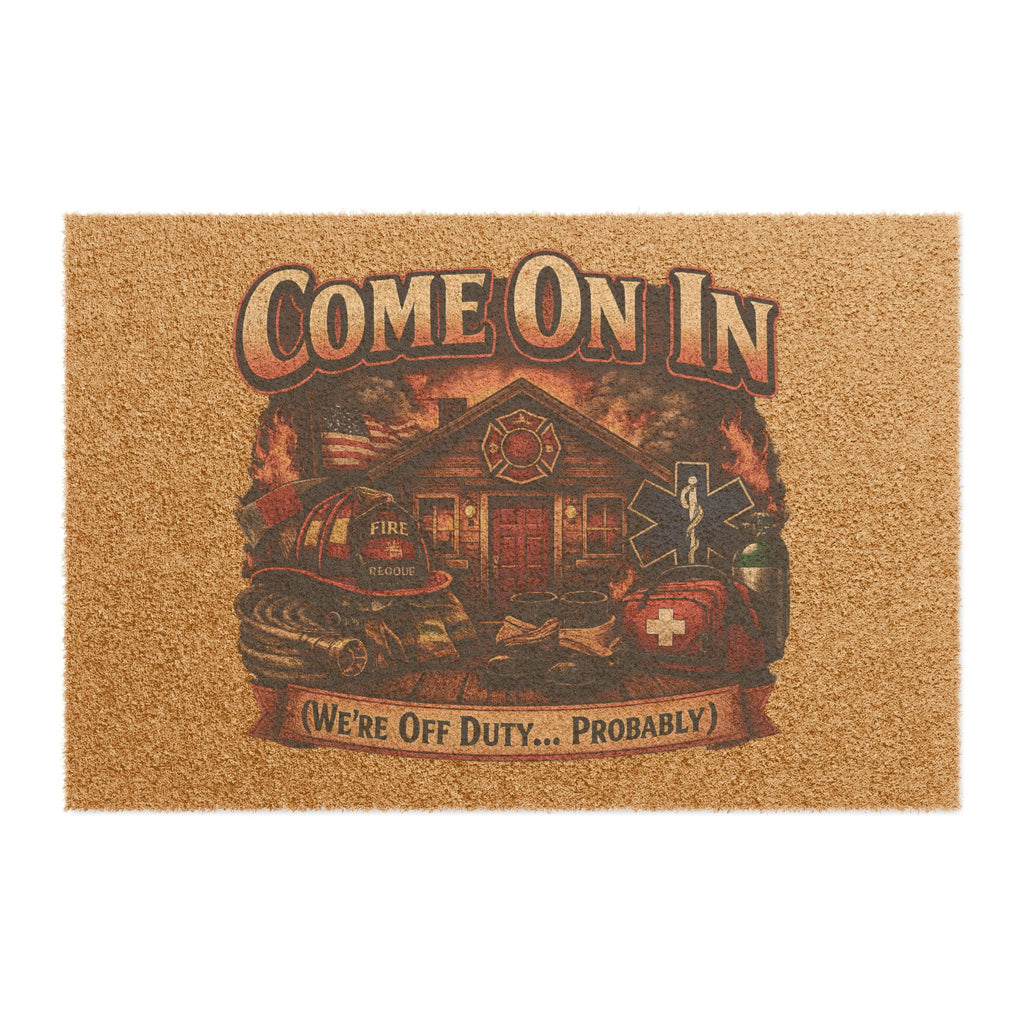 Doormat — 'Come On In, We're Off Duty... Probably' Rustic Firehouse Welcome Mat