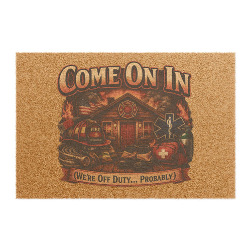 Doormat — 'Come On In, We're Off Duty... Probably' Rustic Firehouse Welcome Mat